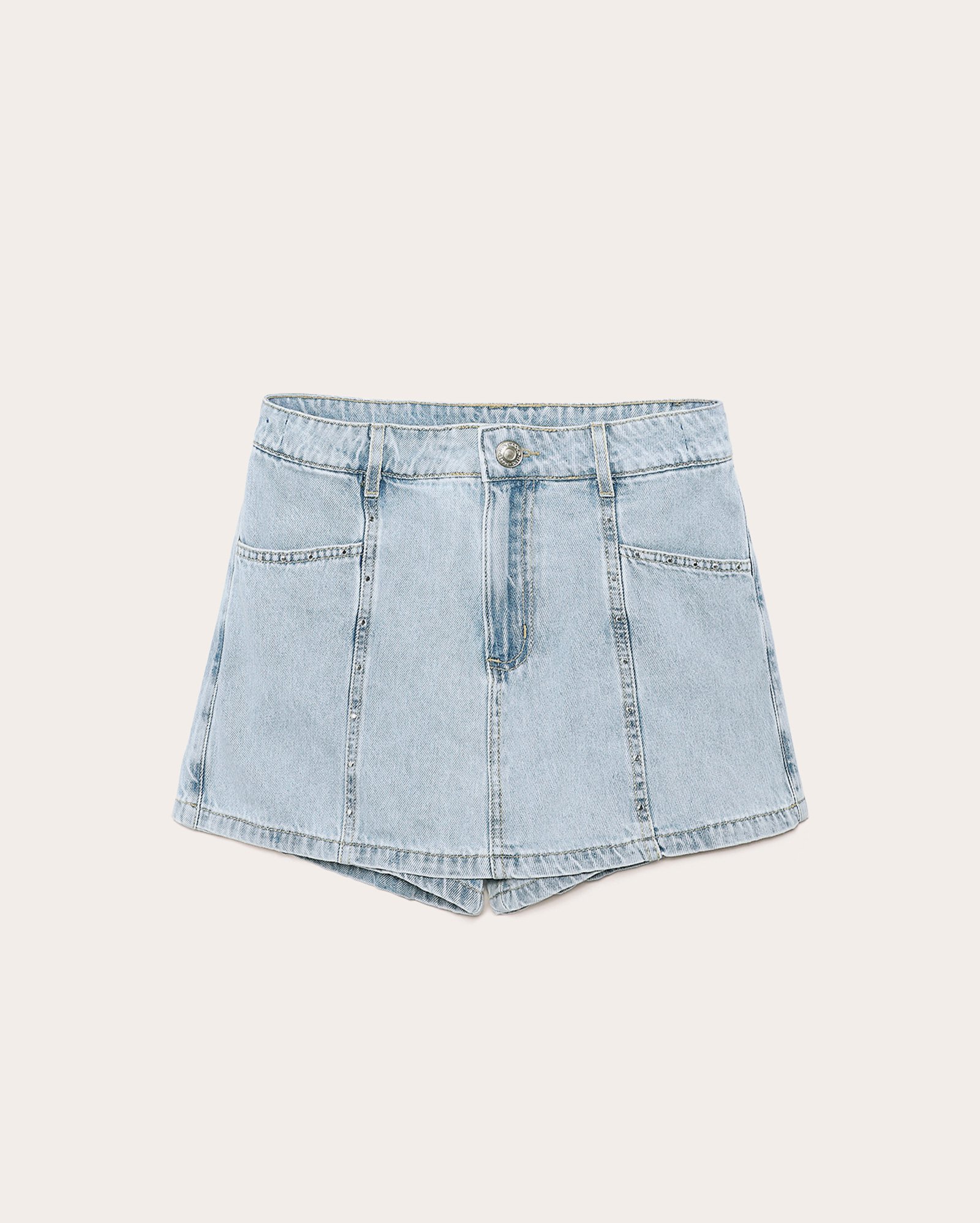 Short-saia jeans juvenil reta com strass denim claro | Pool Jeans