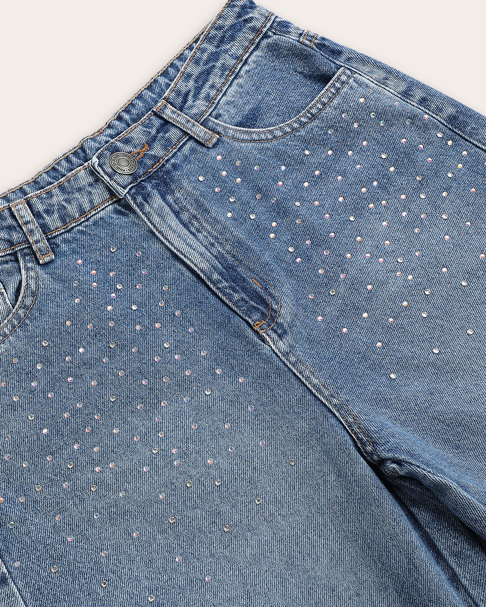 Calça jeans juvenil reta com pedrarias denim médio | Pool