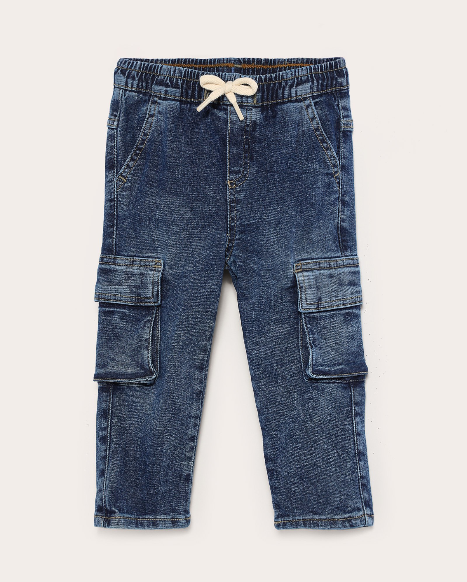Calça jeans infantil reta bolsos cargo 1-4A denim escuro | Pool Kids
