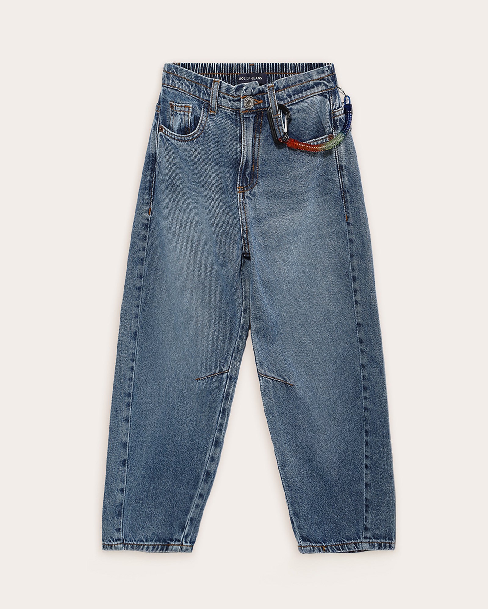 Calça jeans infantil baggy cordão colorido 4-10A denim médio | Pool Kids