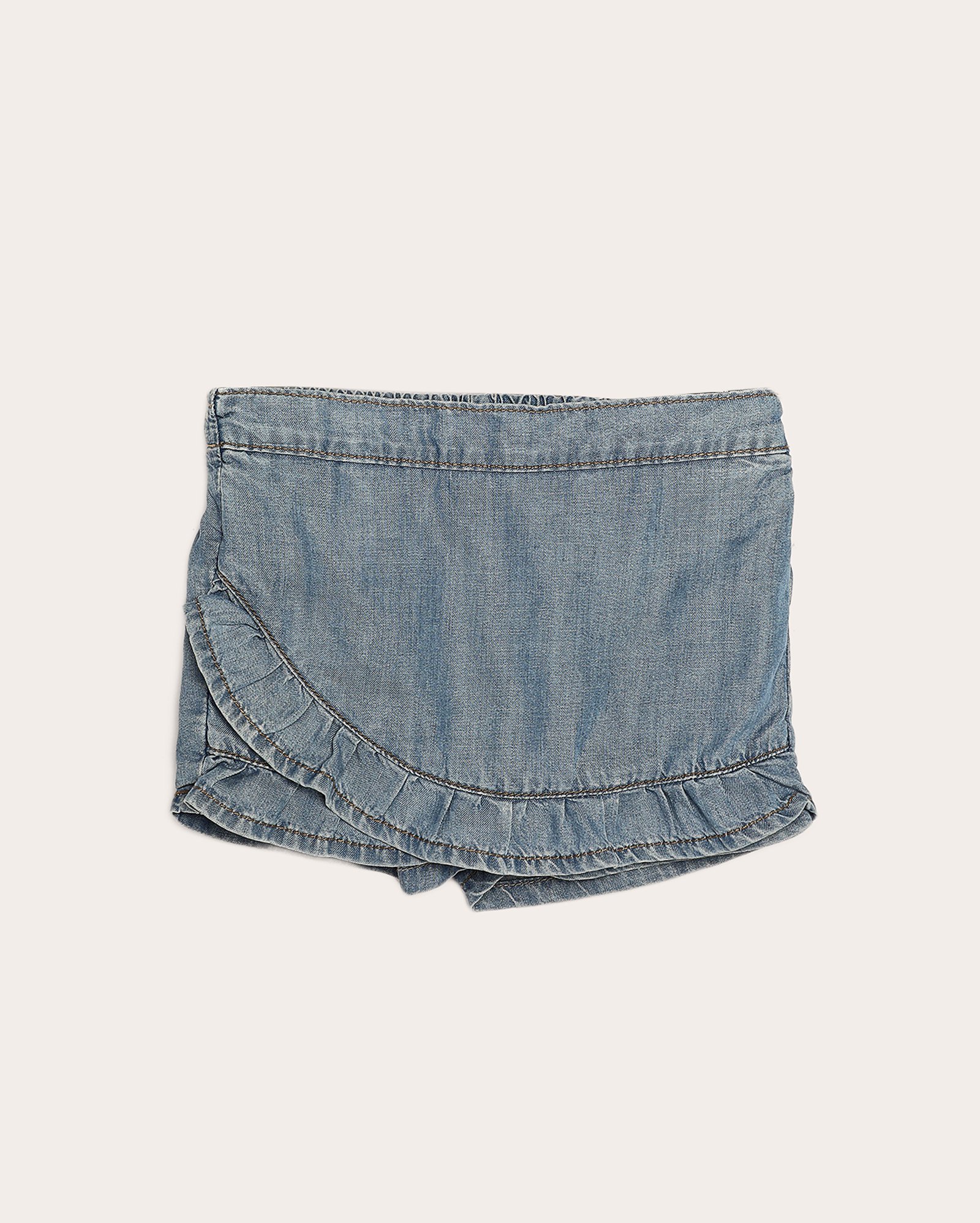 Short-saia jeans infantil transpassado com babado 1-4A denim médio | Pool Kids