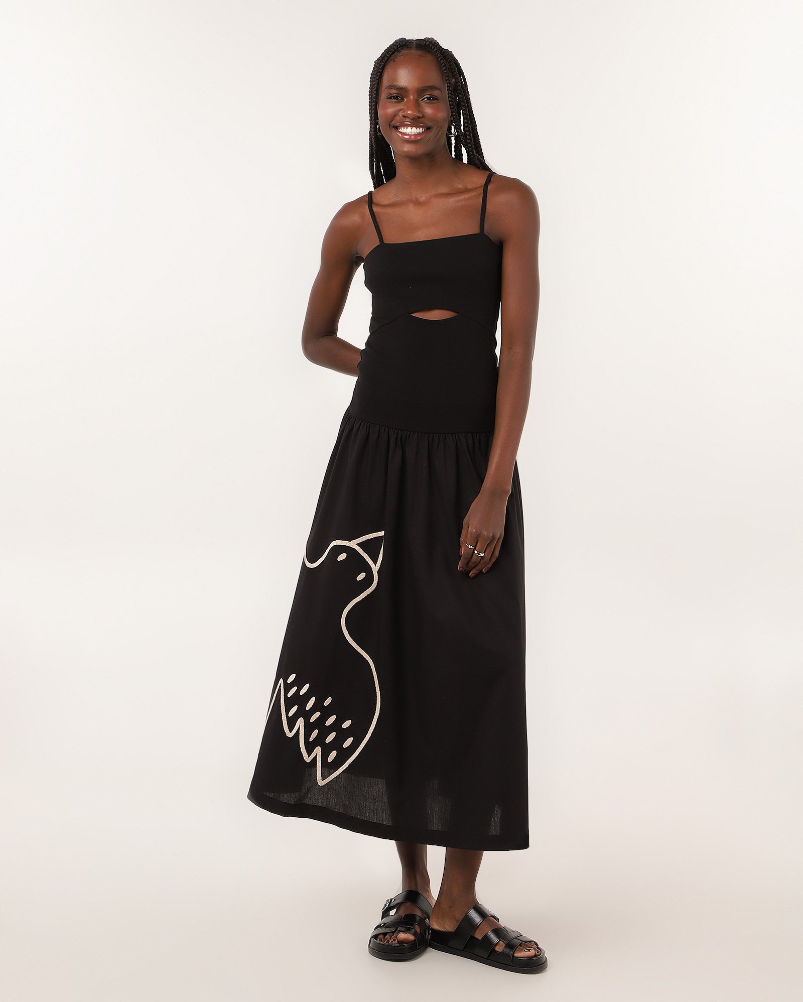 Vestido midi evasê cintura baixa pássaro preto | Ceramiquinho + Riachuelo — foto 2