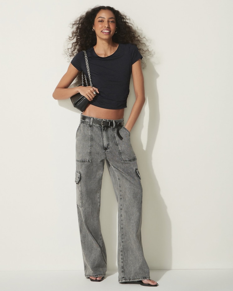 Calça Jeans Feminina Wide Leg Cargo Pool Jeans
