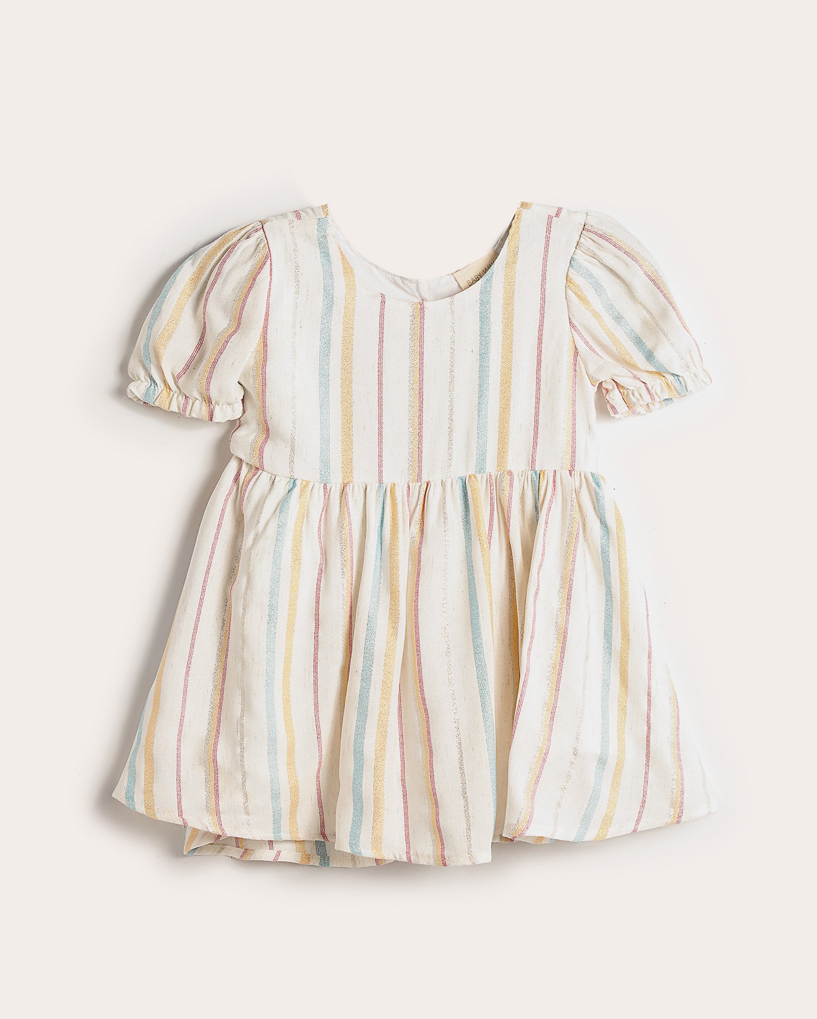 Vestido bebê em viscolinho com fios metalizados listrado off-white | Baby Way