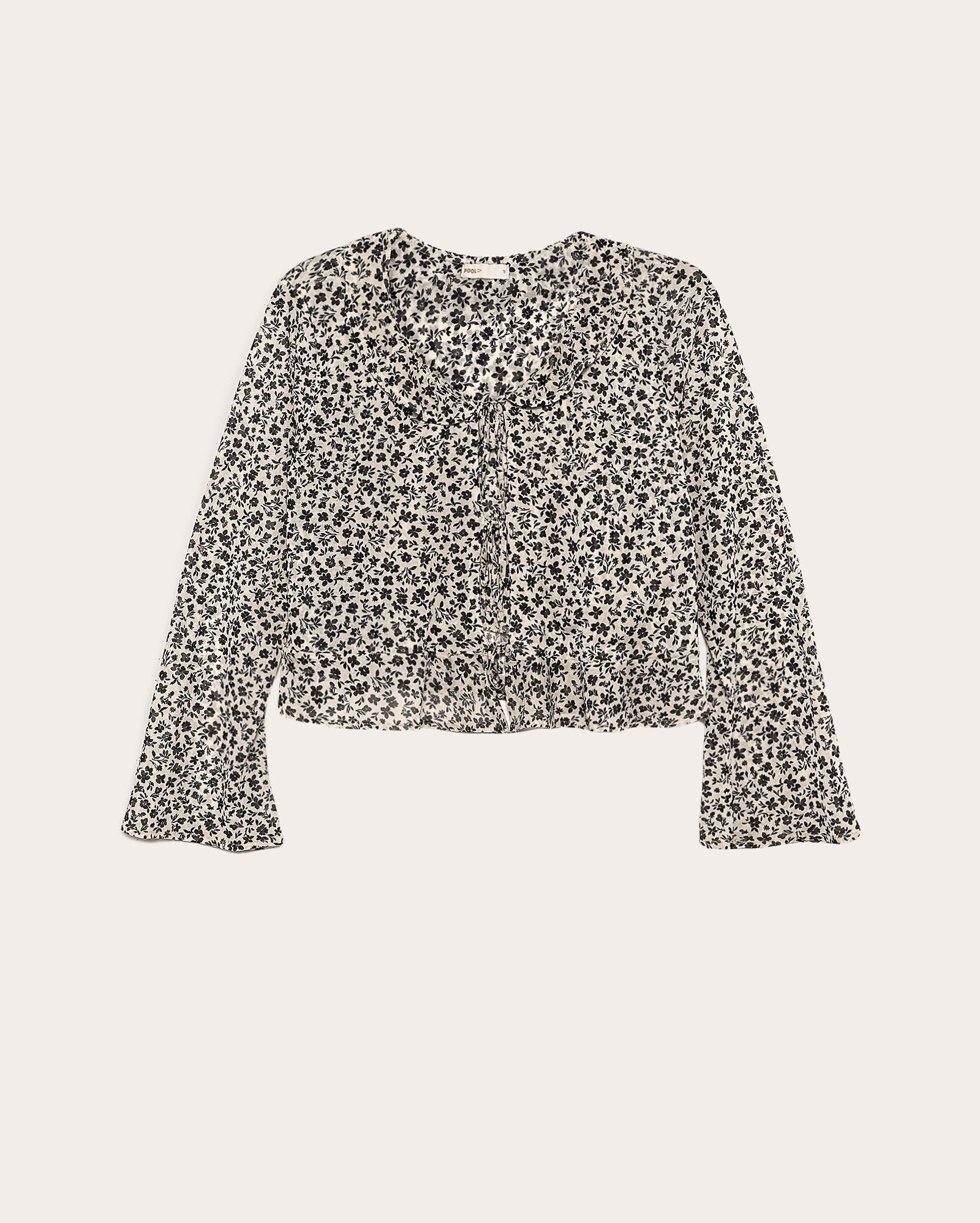 Bata cropped juvenil em viscose laços e babados floral bege | Pool