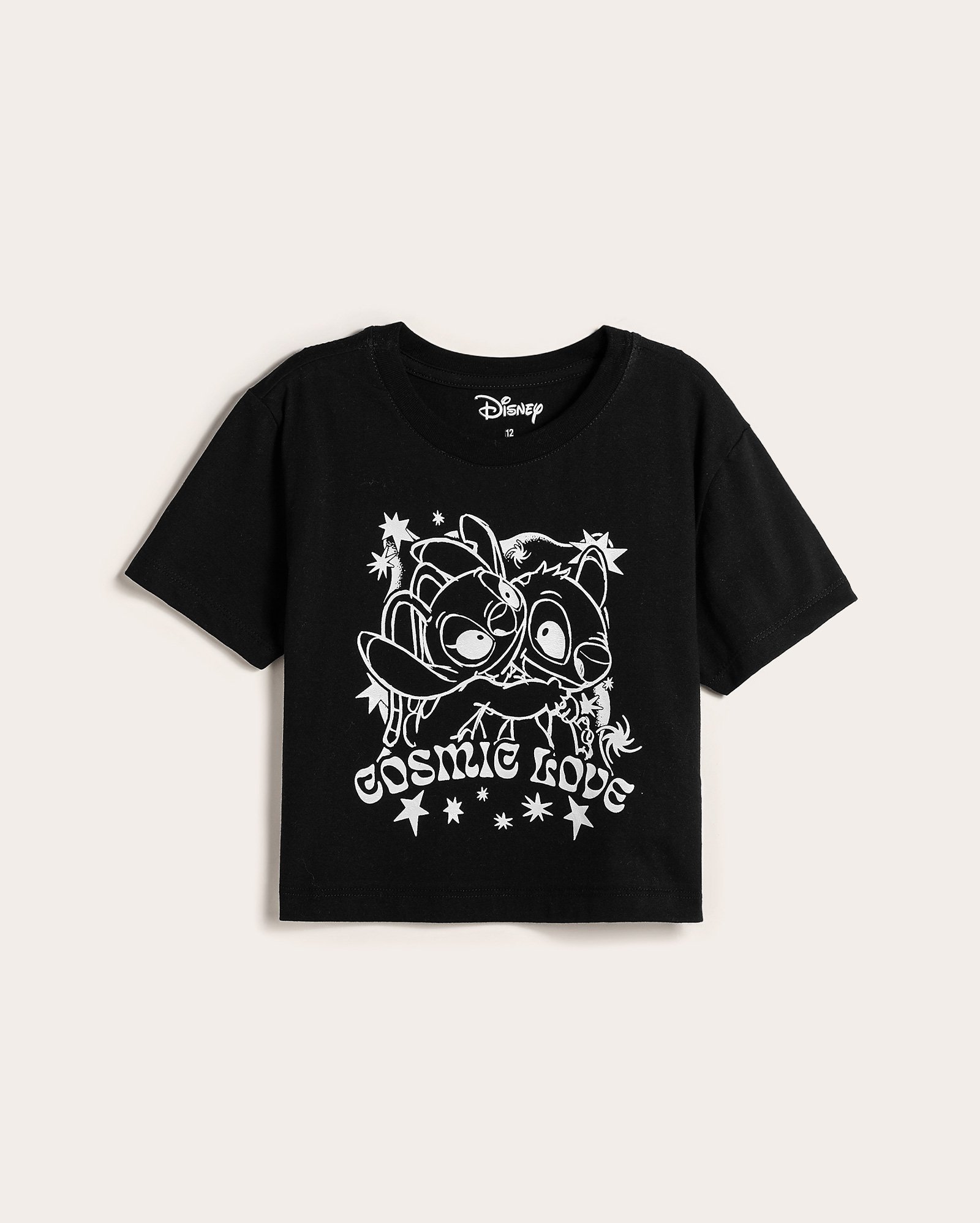 Camiseta cropped juvenil Angel e Stitch cosmic love preta | Disney