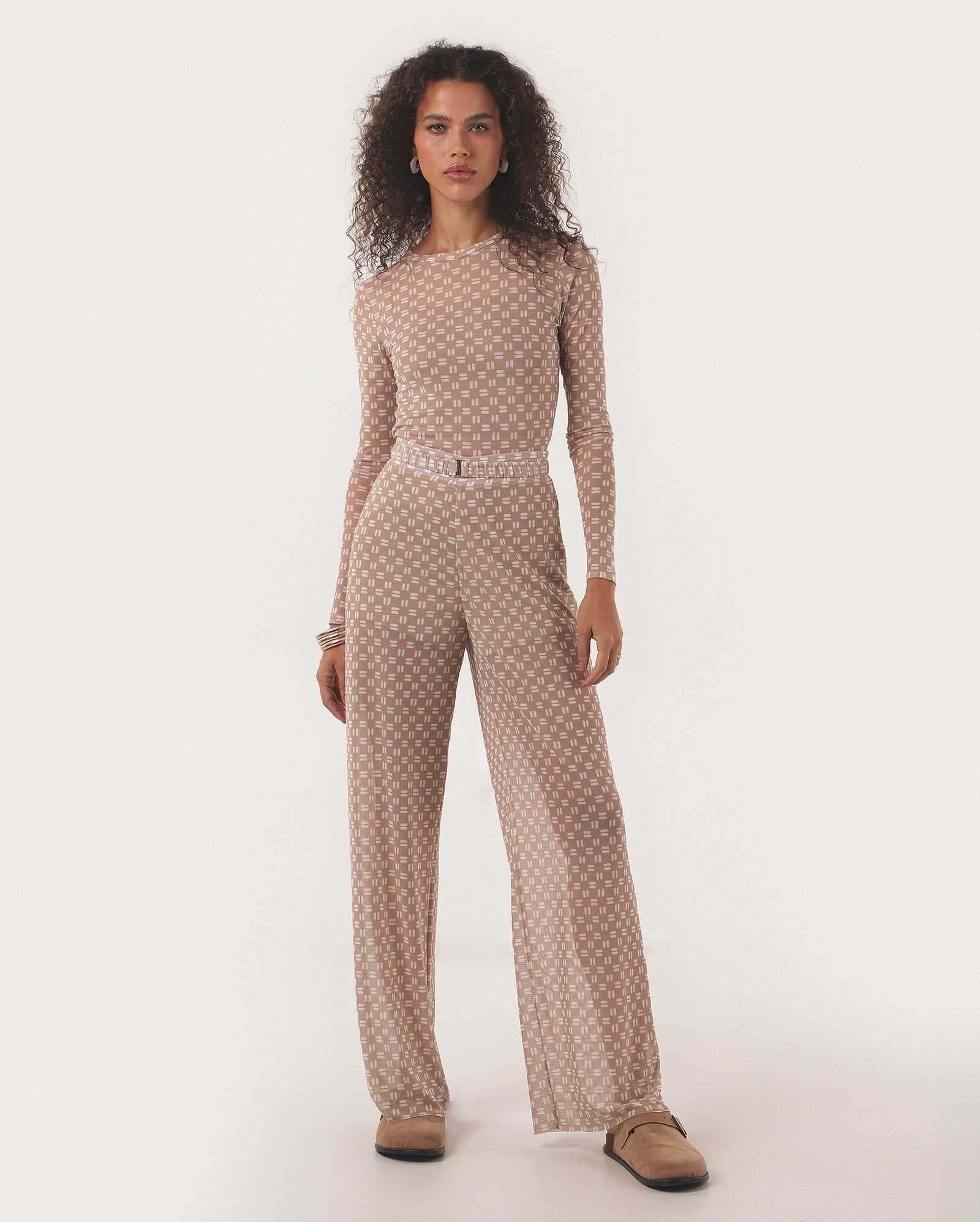 Calça feminina em tule estampada com cinto - Bege | Missinclof + Riachuelo