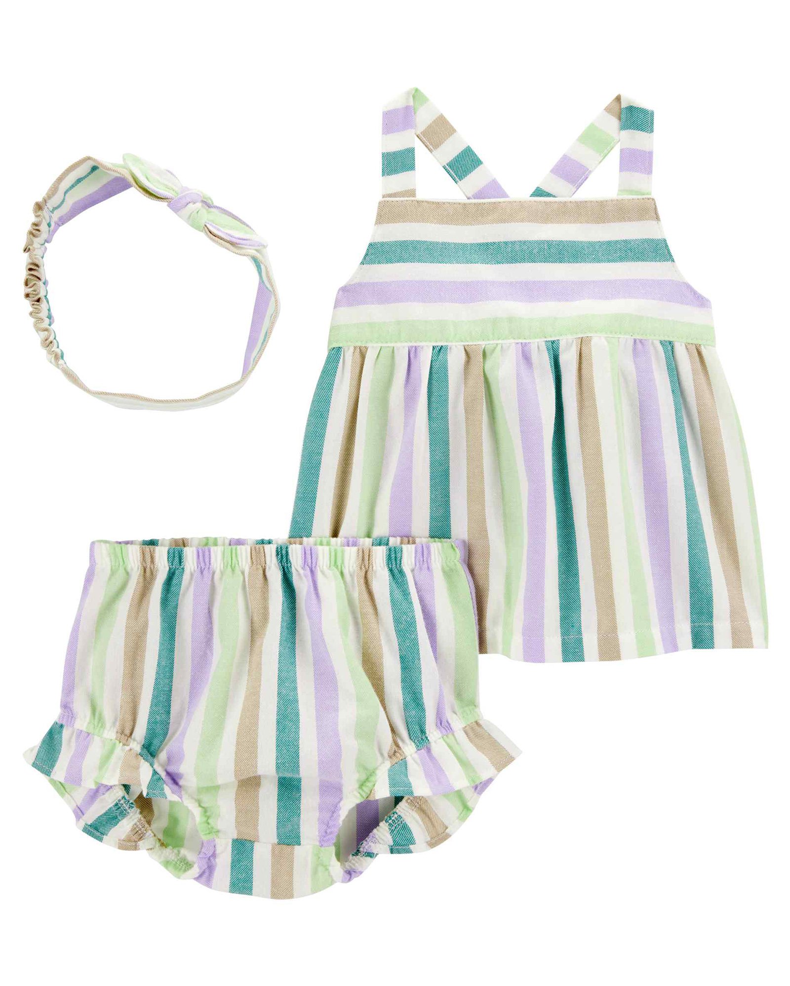 Conjunto curto bebê 2 peças listras com babados + faixa de cabelo multicor | Carter's