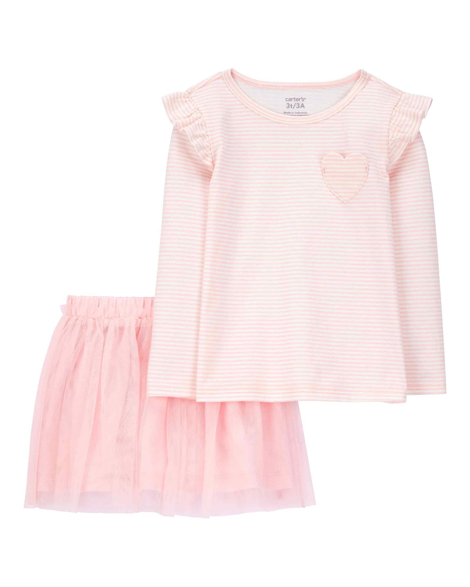 Conjunto curto infantil 2 peças listrada com babados em tule rosa | Carter's