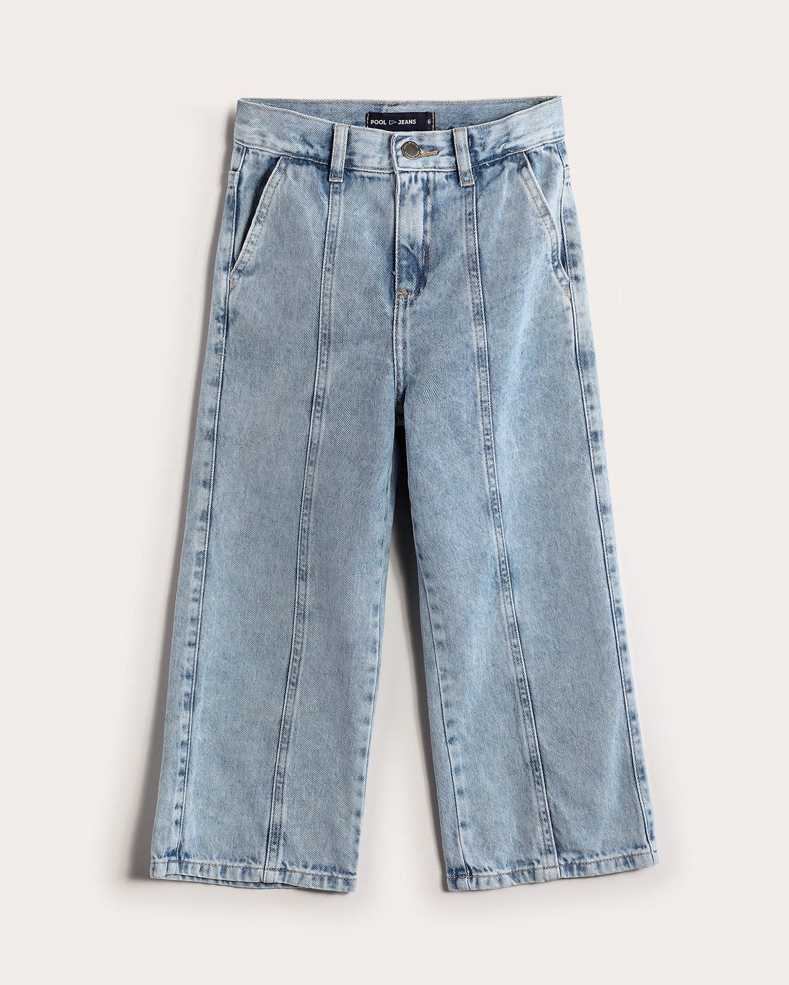 Calça jeans infantil wide leg estonada 4-10A denim claro | Pool Kids