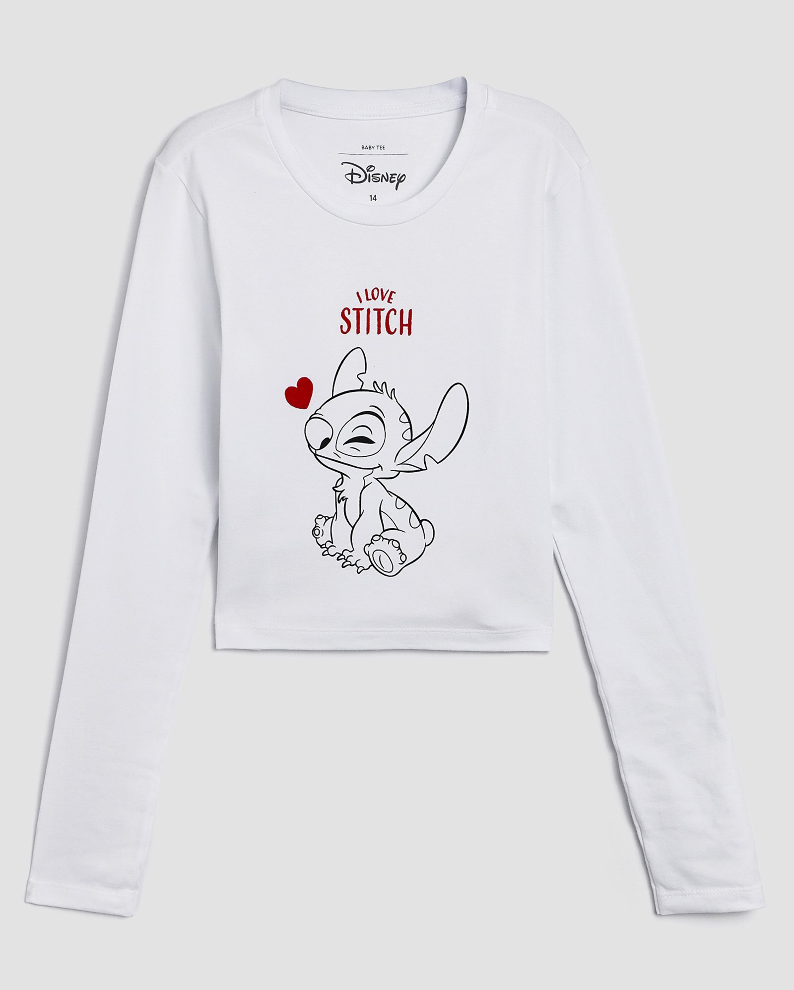 Blusa juvenil baby tee manga longa Stitch branca | Pool