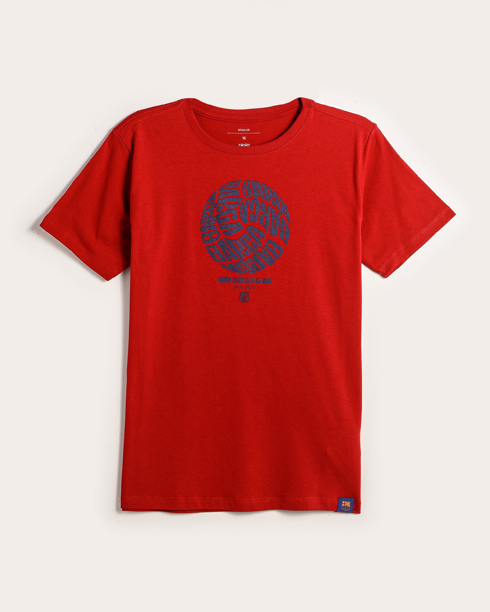 Camiseta juvenil futebol Barcelona em lettering vermelha