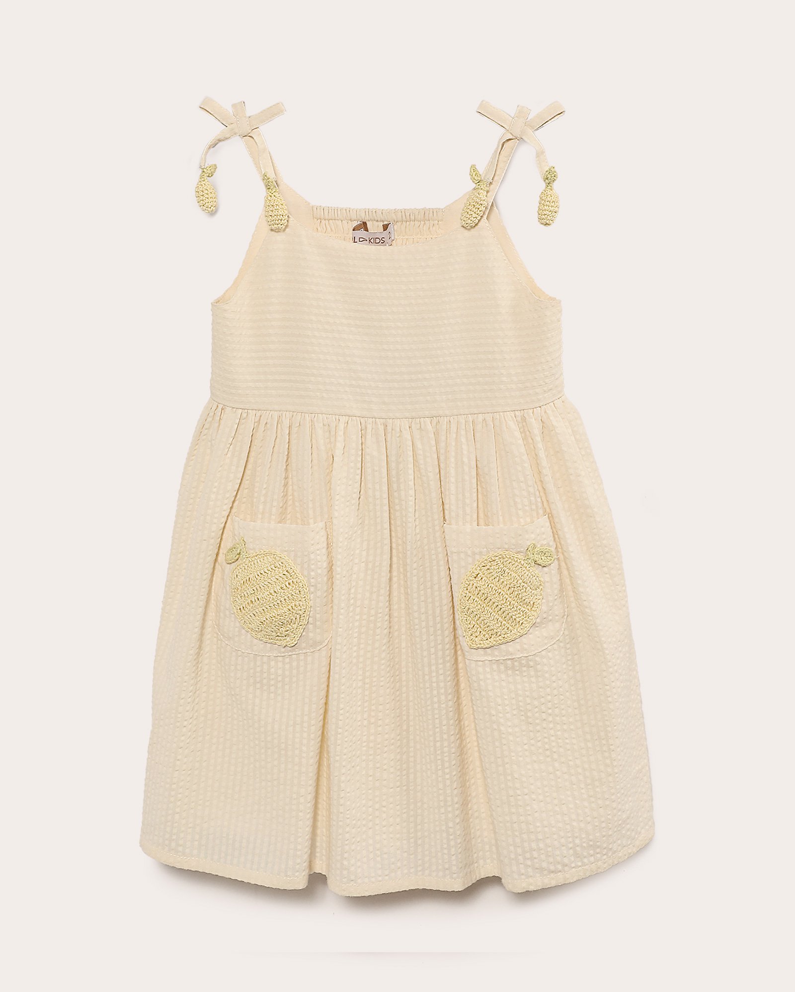 Vestido infantil evasê texturizado frutas crochê 1-4A bege | Pool Kids