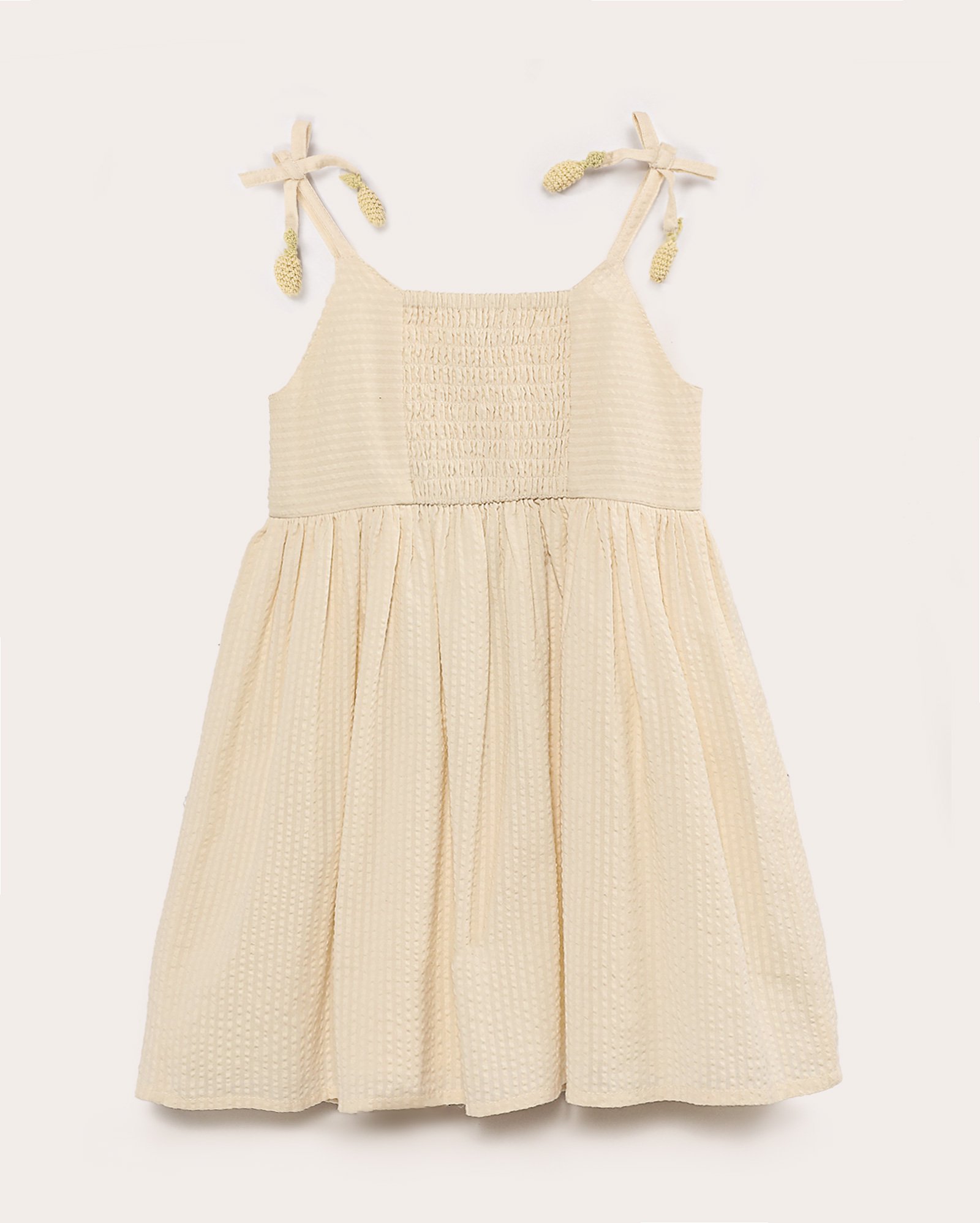 Vestido infantil evasê texturizado frutas crochê 1-4A bege | Pool Kids