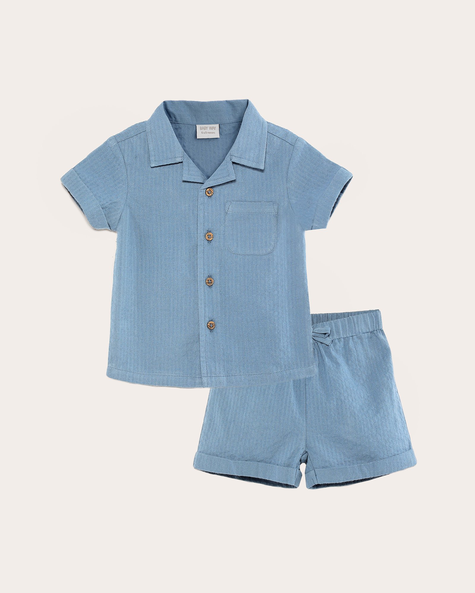 Conjunto curto bebê texturizado com botão azul | Baby Way