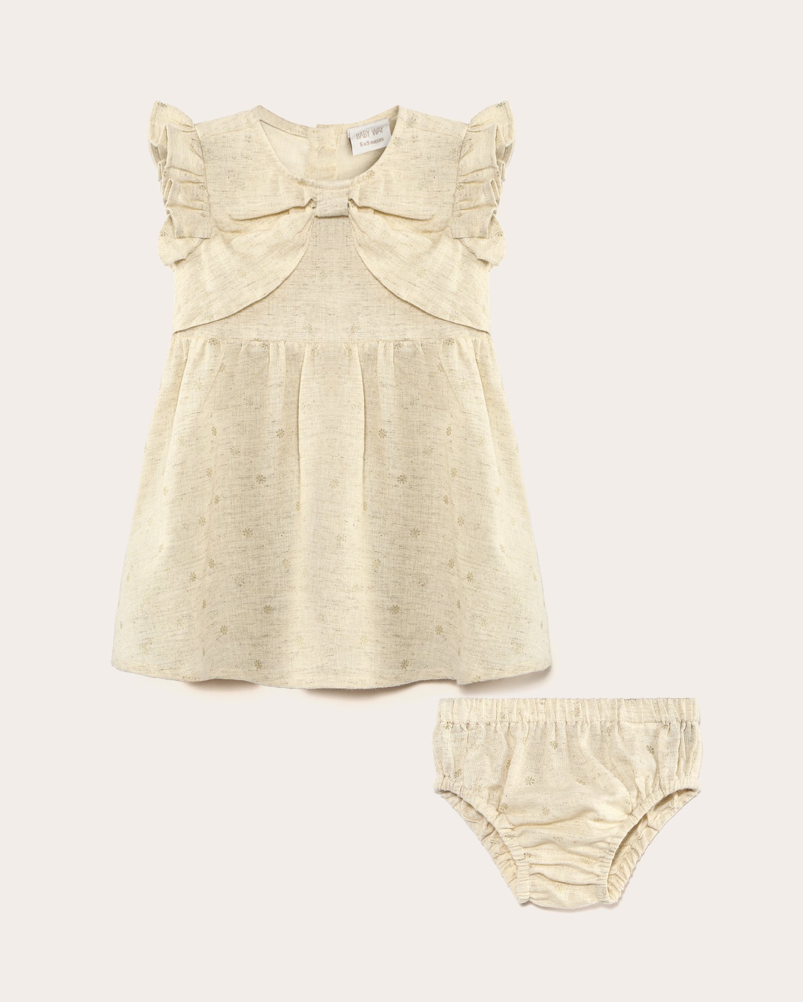 Vestido bebê com babados e laço texturizado amarelo