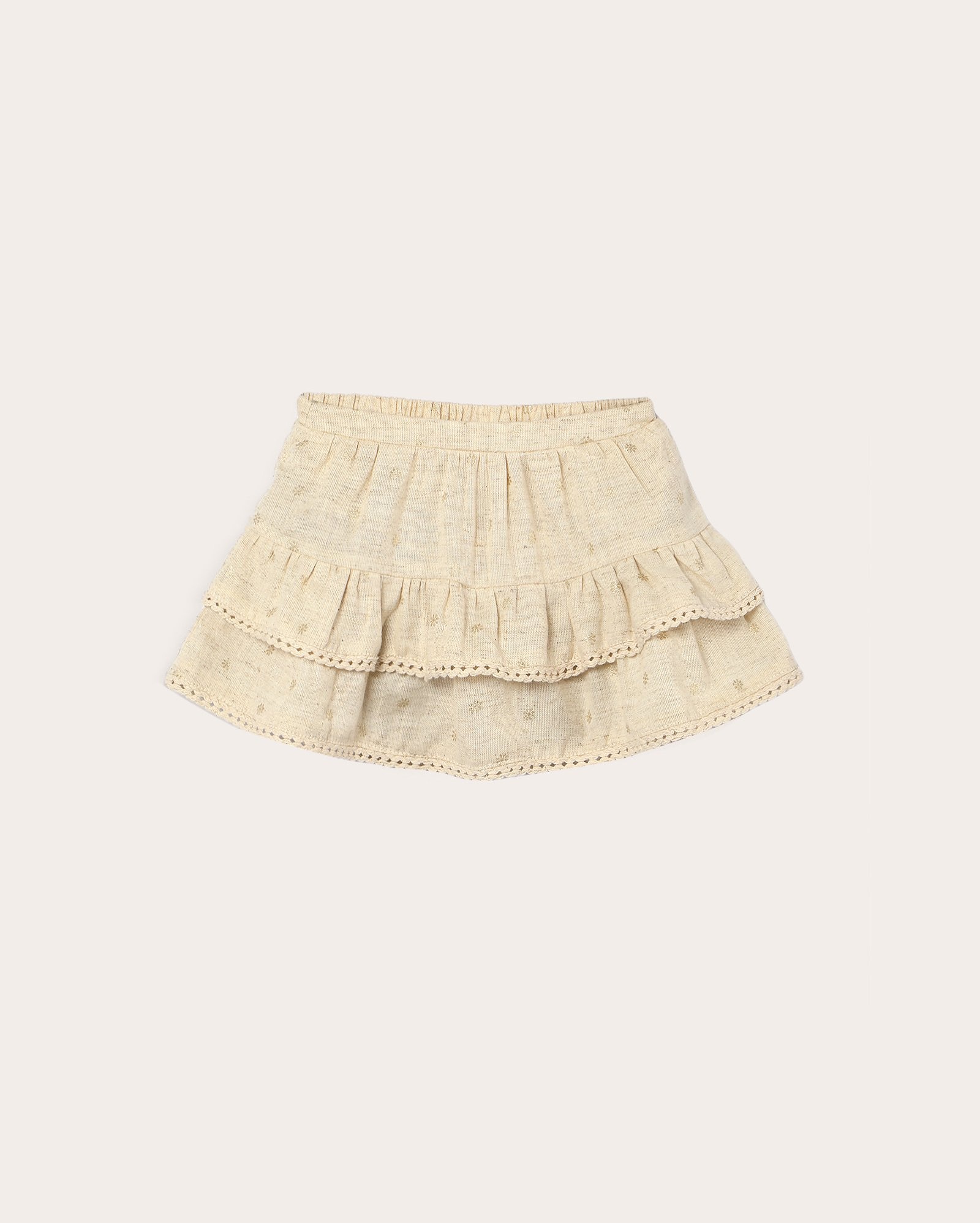 Short-saia bebê evasê em viscolinho babados bege