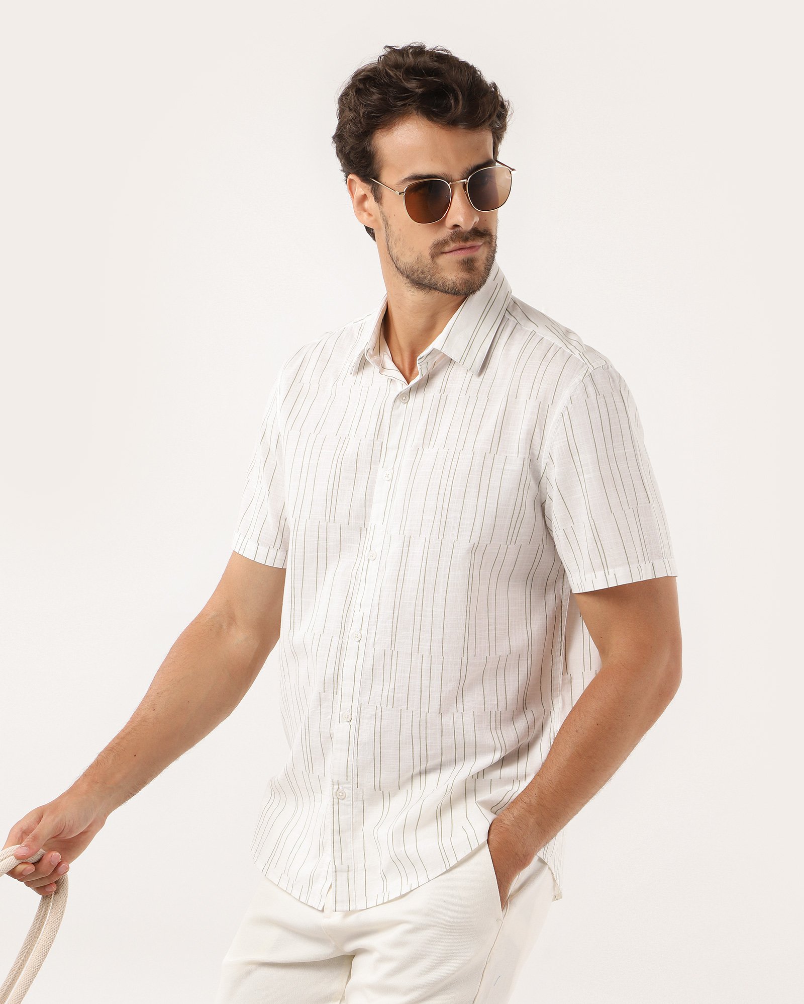 Camisa masculina regular de algodão listras - Off-white