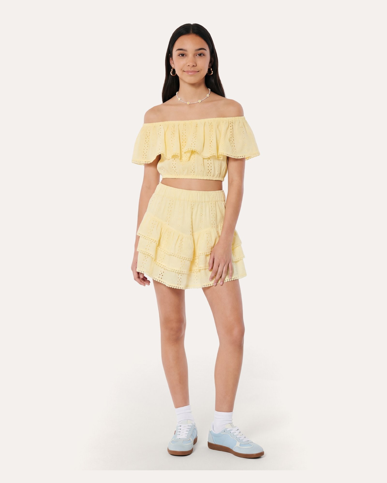 Saia curta infantil em laise com babados 10-16A - Amarelo Claro