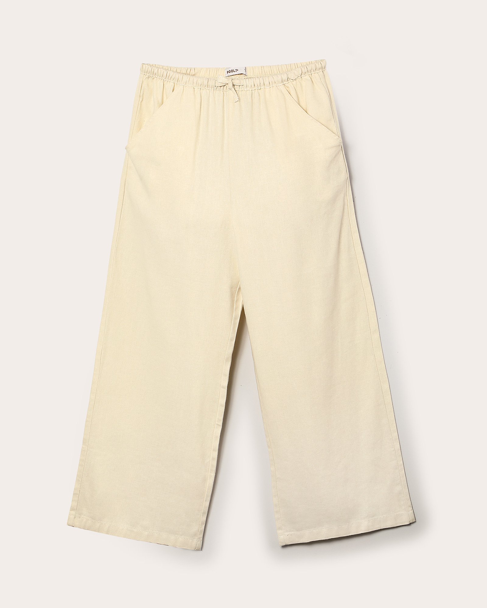 Calça juvenil pantalona em viscolinho com elástico bege