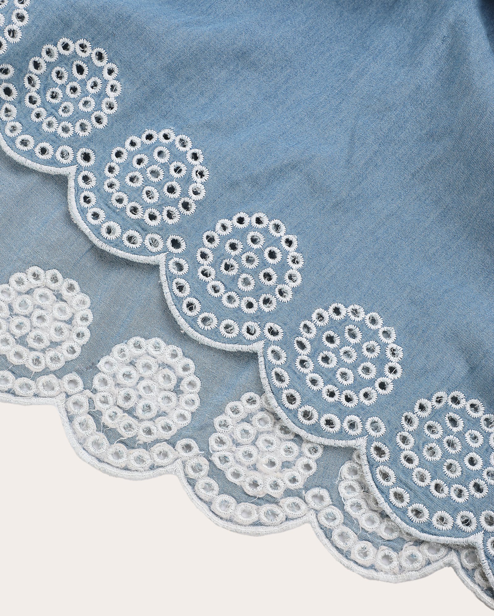 Vestido jeans infantil com babados e bordado 1-4A denim médio | Pool Kids