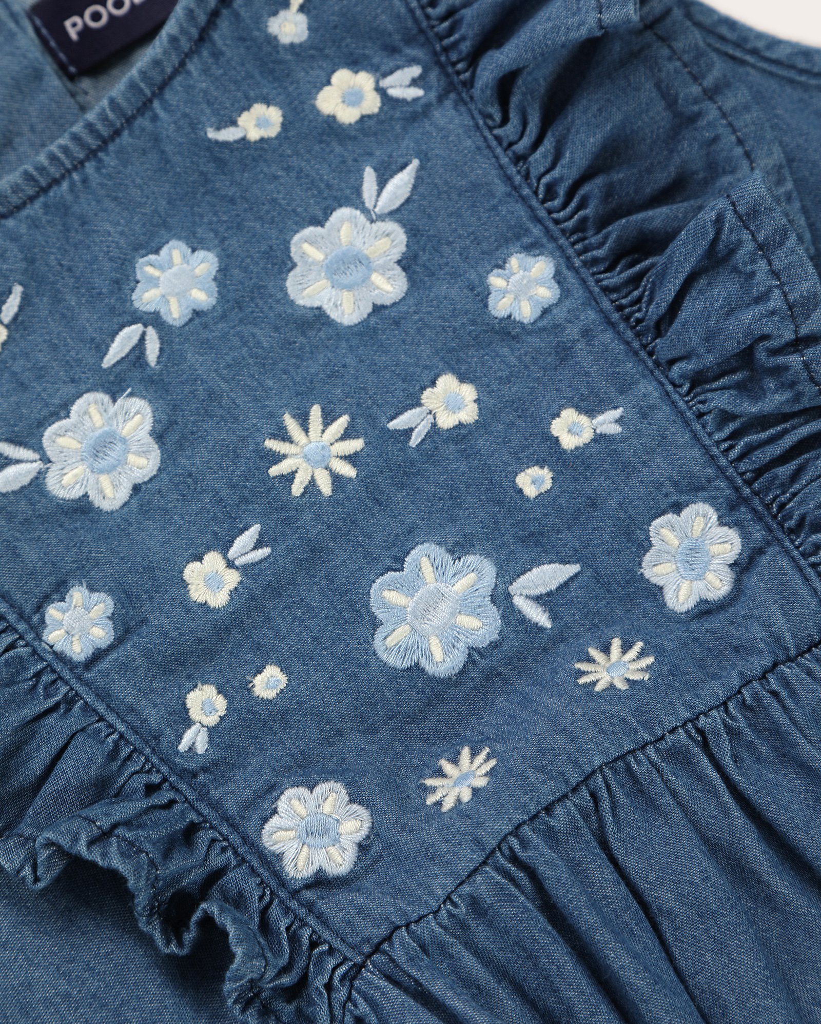 Vestido jeans infantil curto bordado floral 1-6A denim escuro