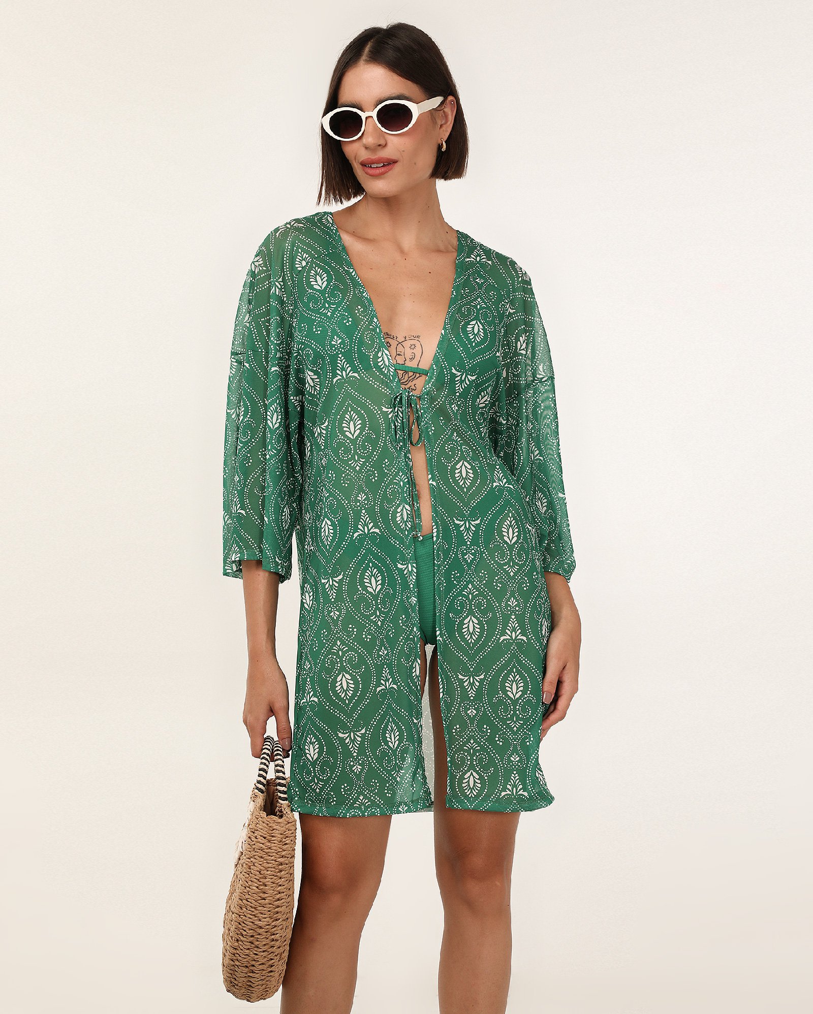 Saída de praia kimono em tule boho verde — foto 2