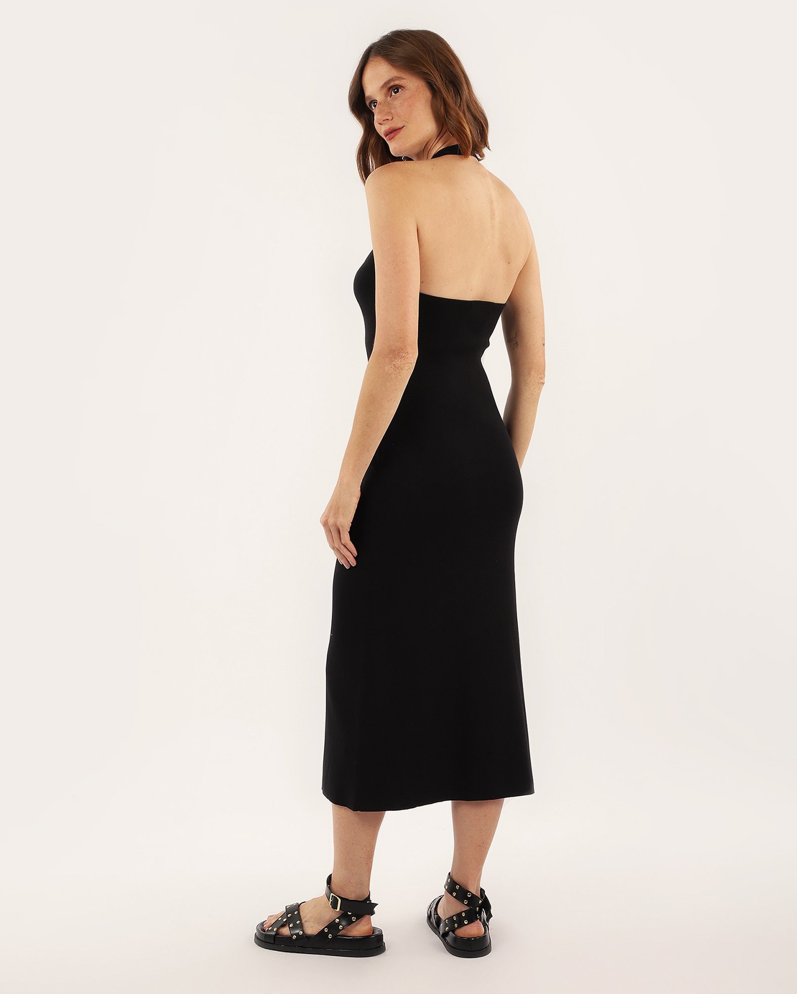 Vestido midi ajustado frente única canelado preto | AK — foto 4