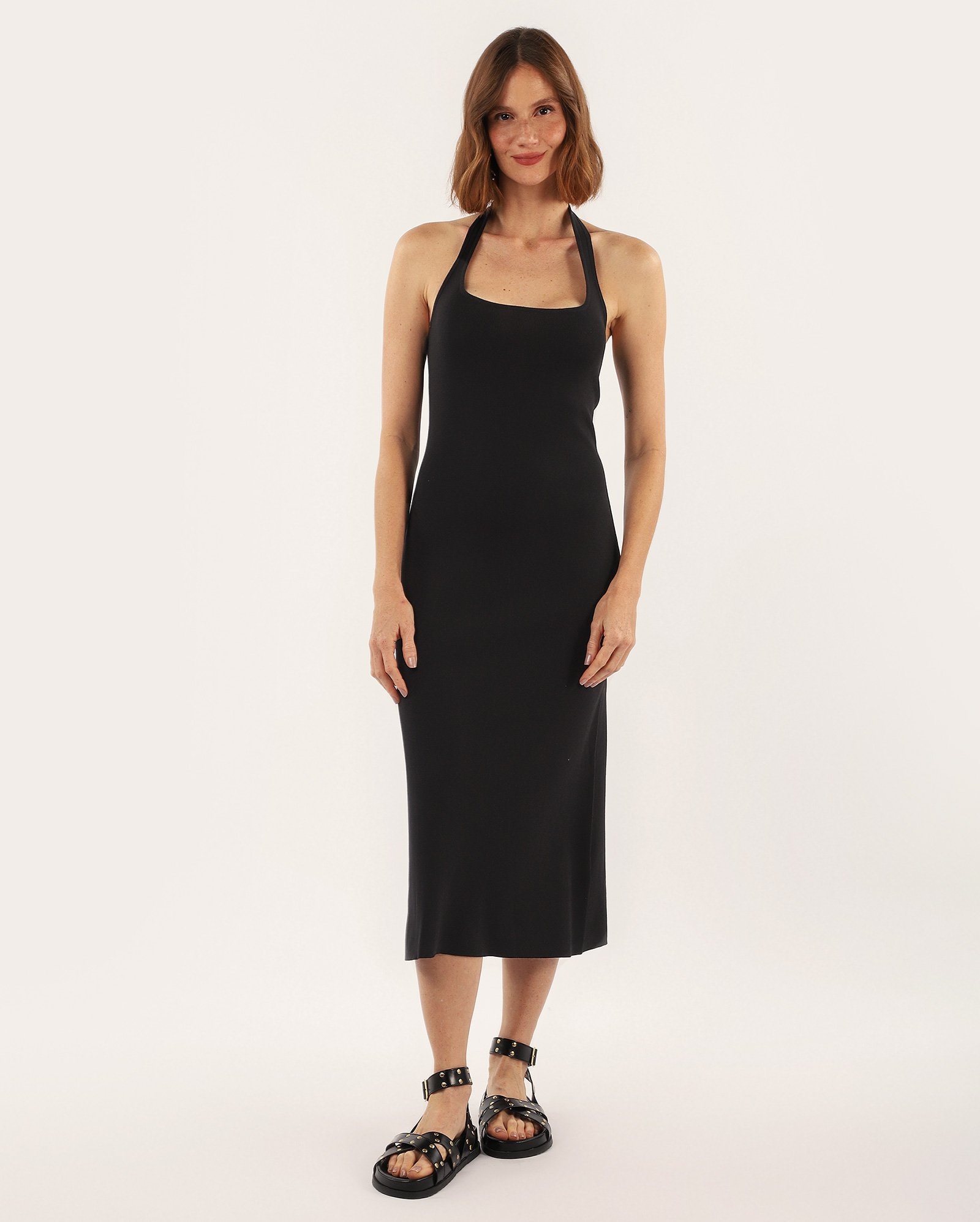 Vestido midi ajustado frente única canelado preto | AK — foto 2