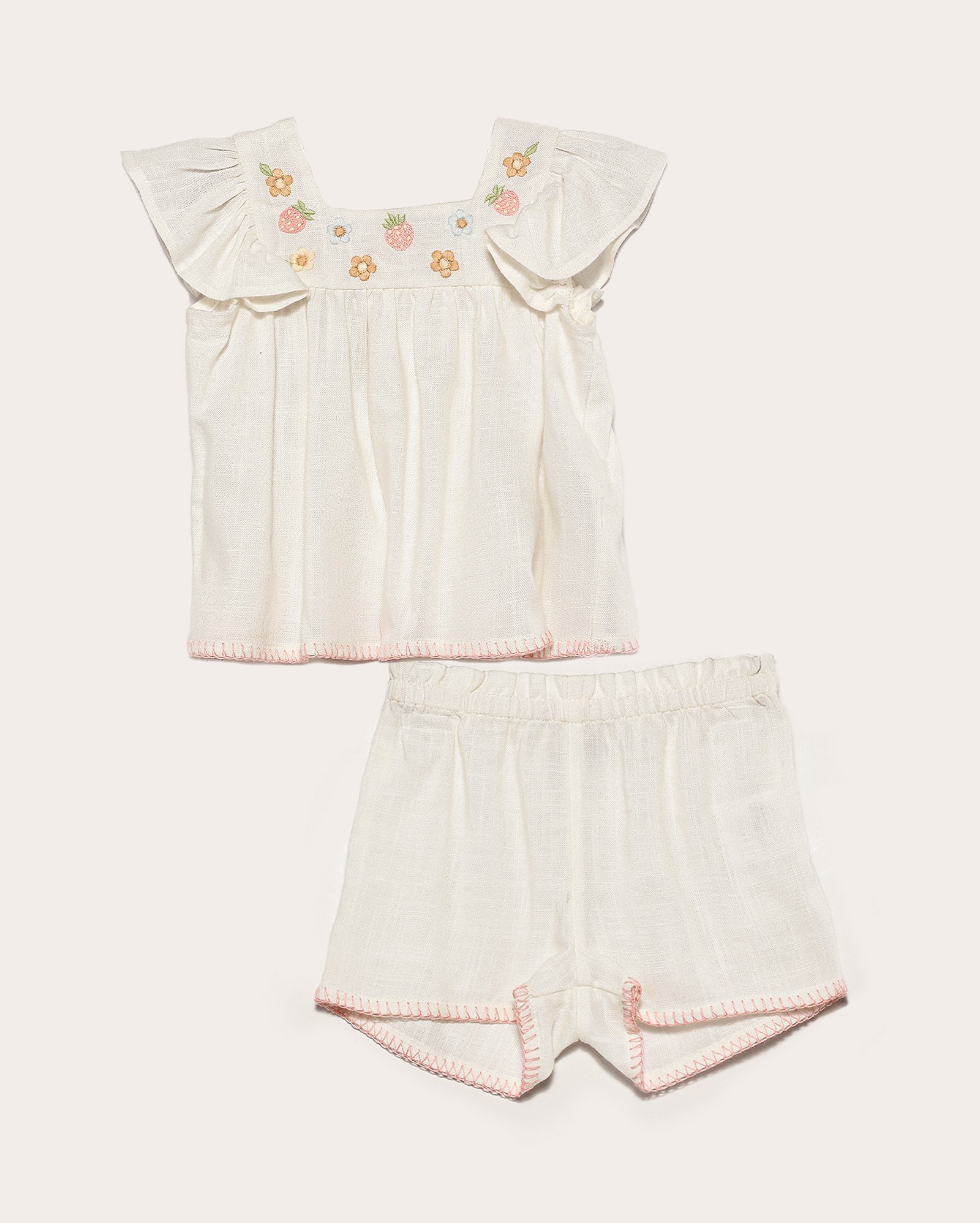Conjunto curto bebê 2 peças em viscose bordado off-white