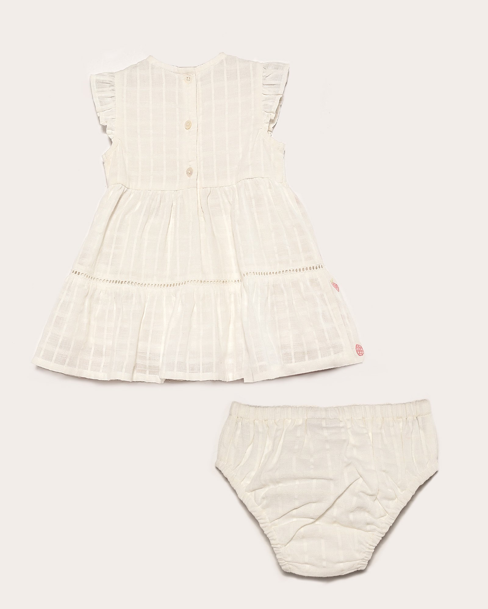 Vestido bebê evasê babados morango com calcinha branco | Baby Way