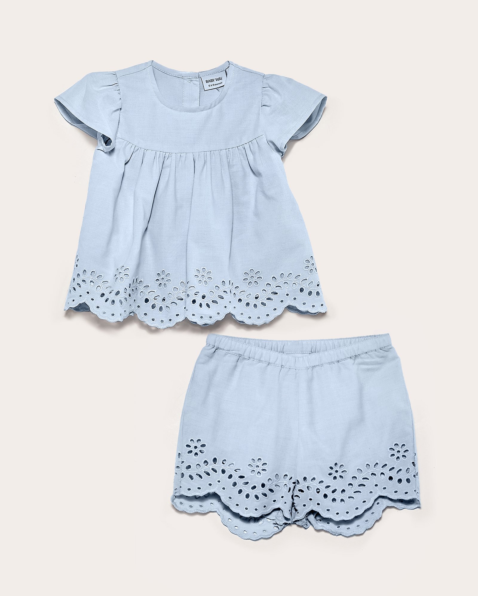 Conjunto curto bebê 2 peças em em laise babados azul | Baby Way 