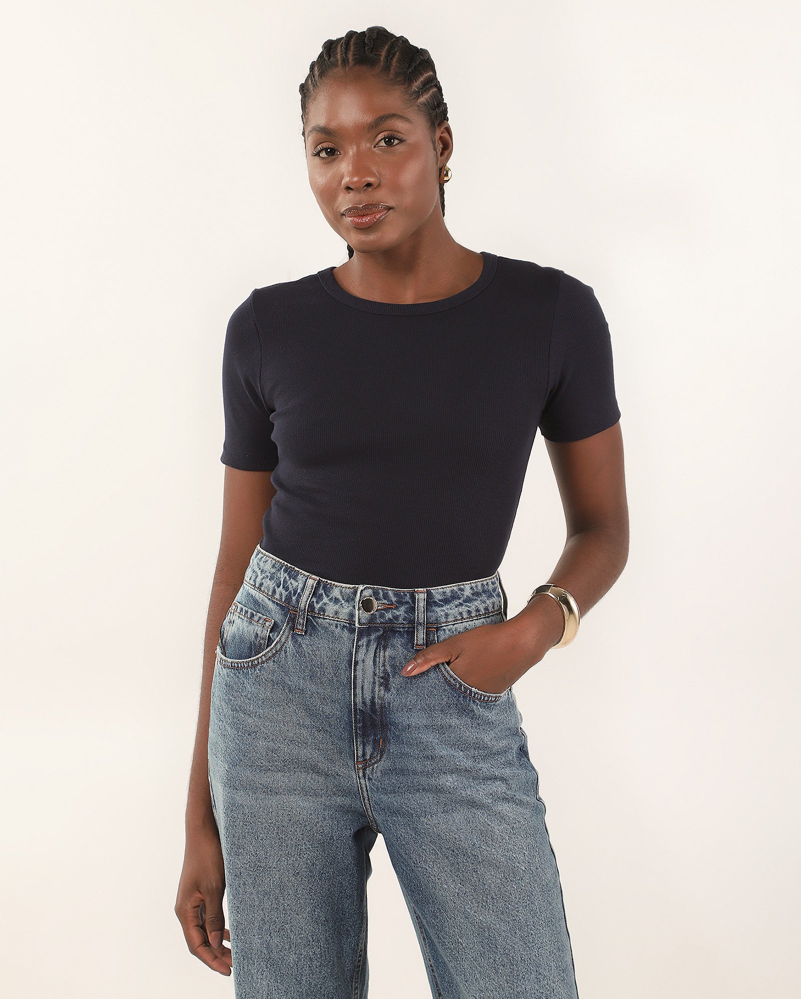 Camiseta feminina Gica de ribana canelada manga curta azul | Pool Basics