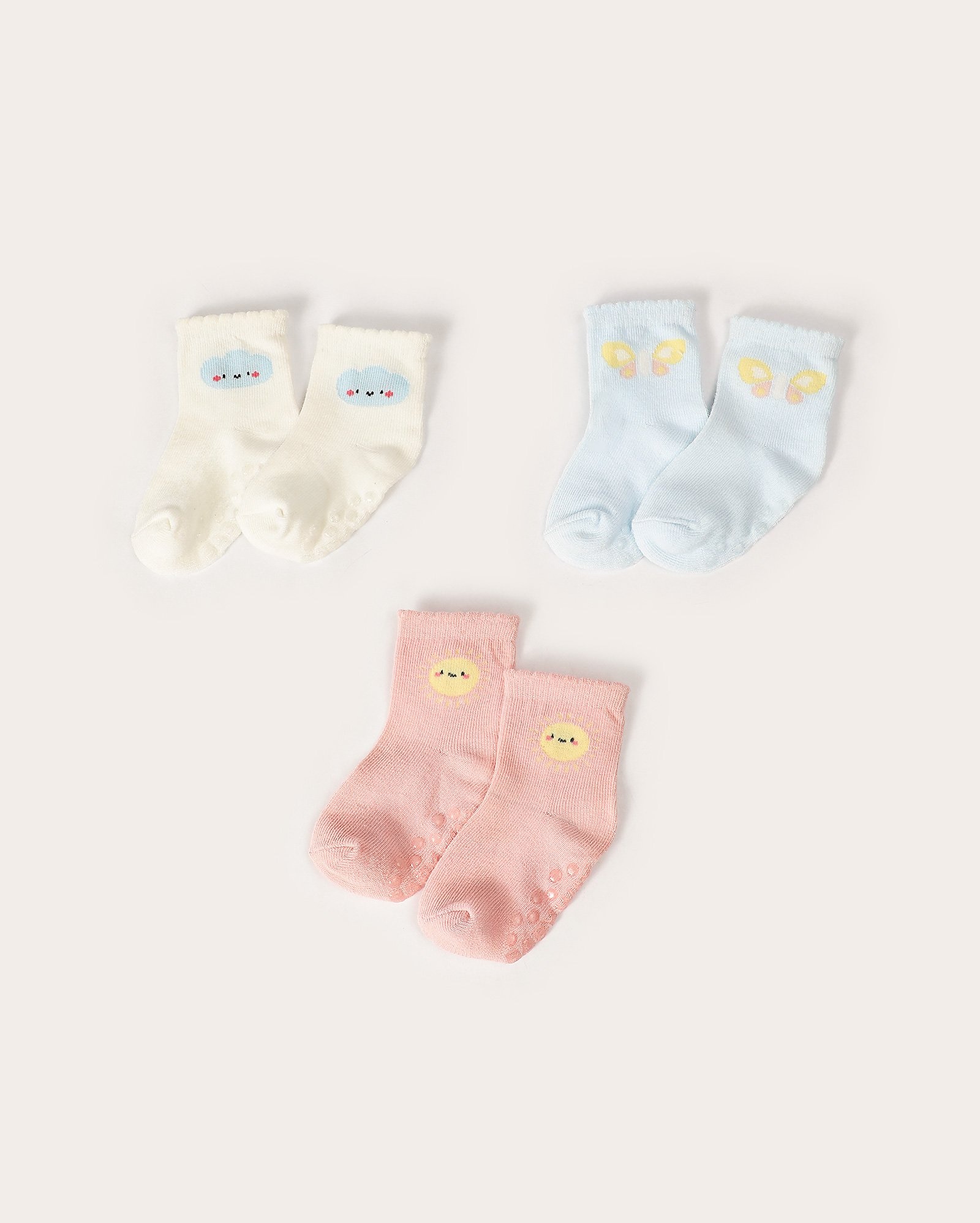 Kit meia bebê 3 pares estampadas antiderrapante multicor | Baby Way
