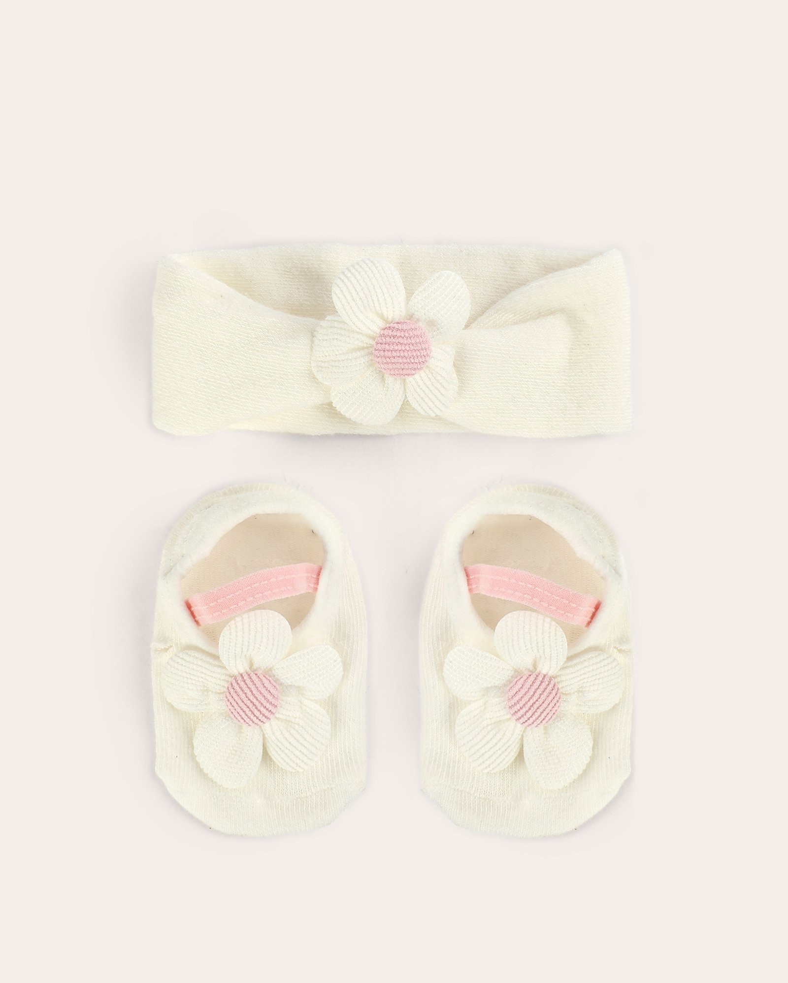 Meia sapatilha bebê e faixa de cabelo florzinha rosa