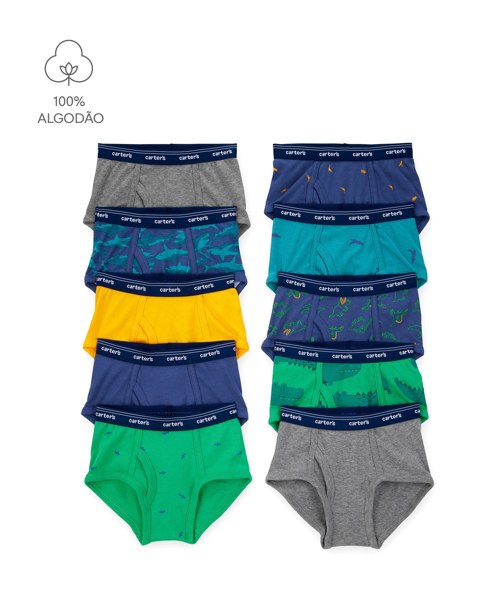 Kit cueca infantil 10 peças slip mescla dino multicor | Carter's