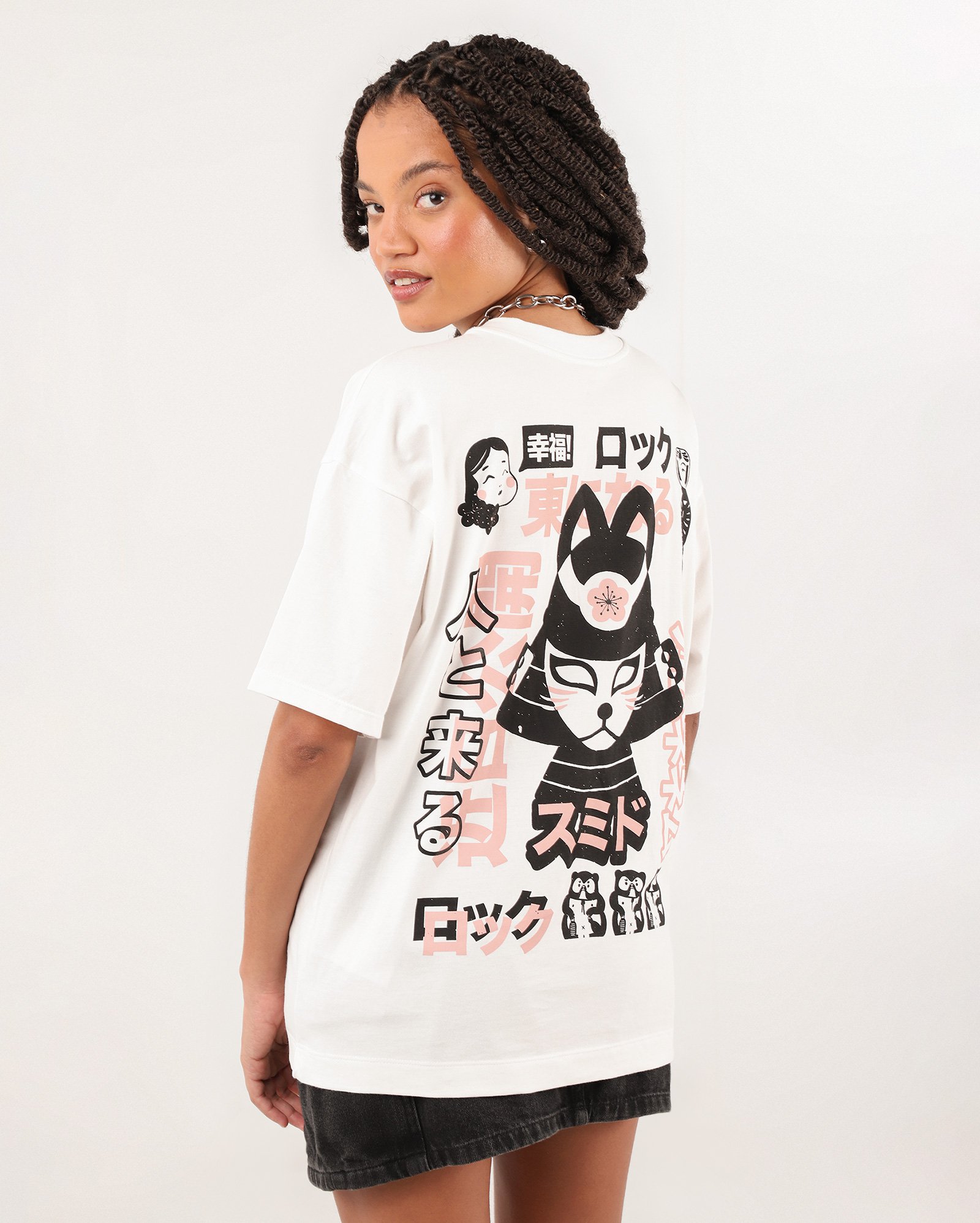 Camiseta feminina oversized kitsune estampa branca | Pool