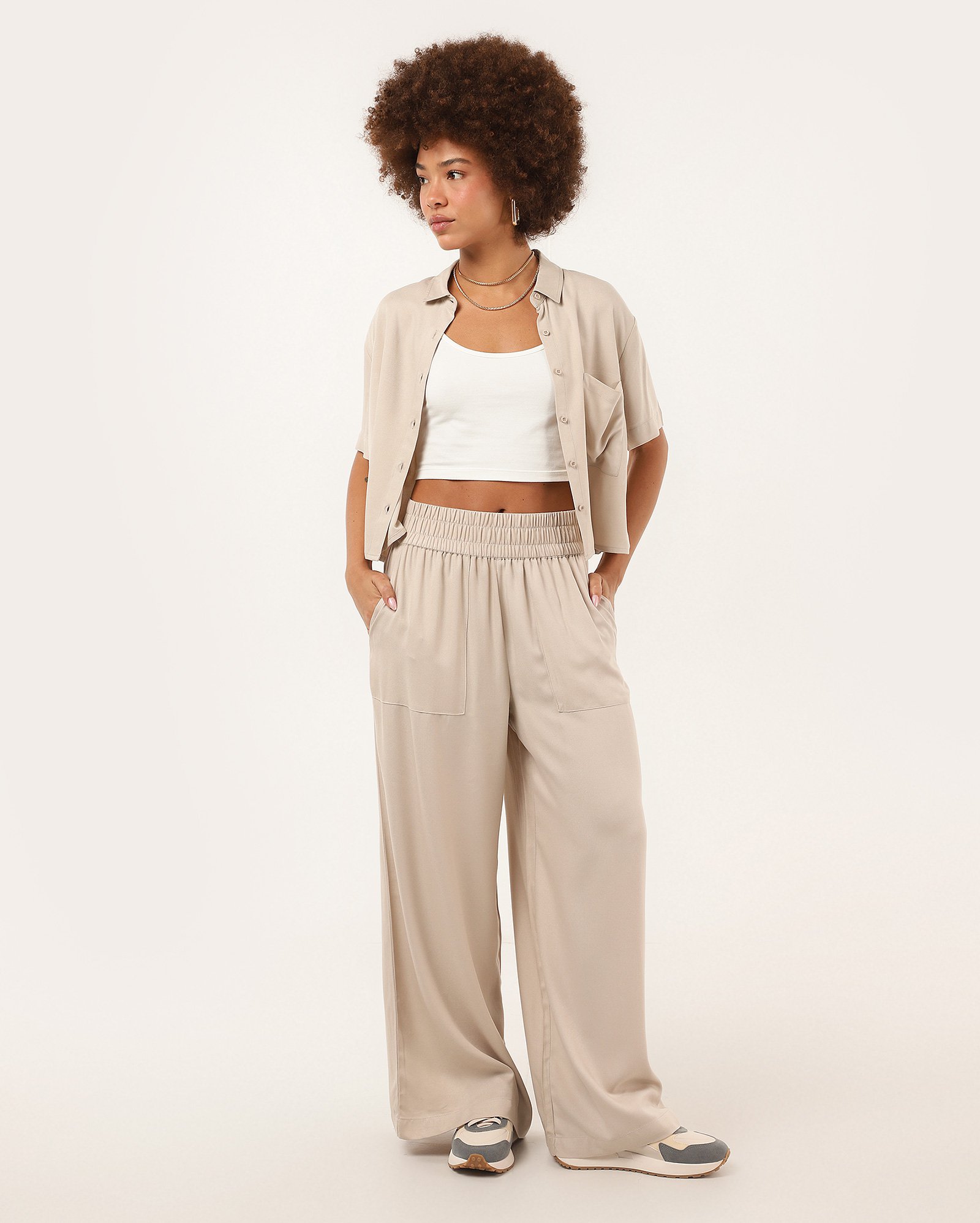 Calça feminina pantalona cós elástico - Bege