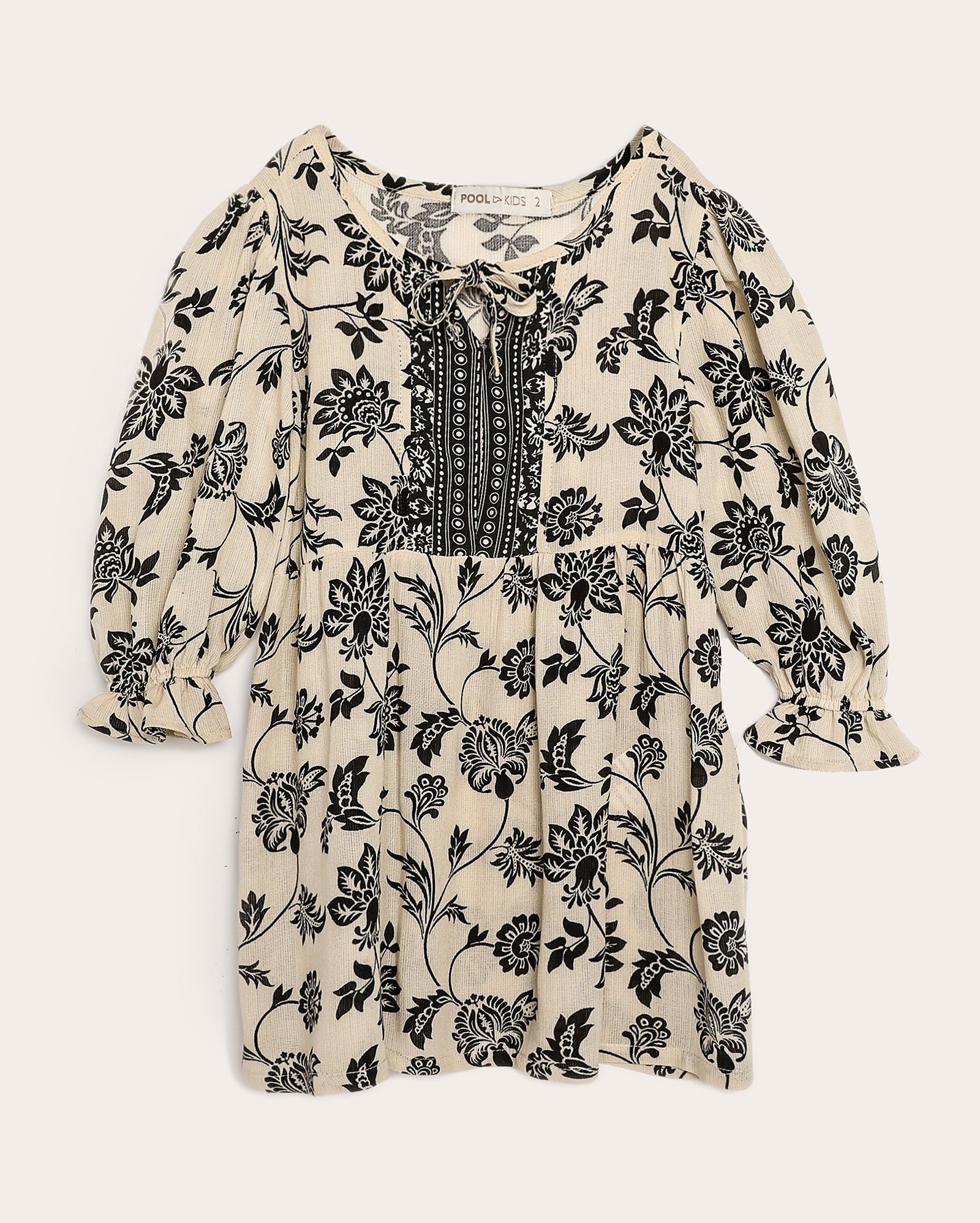 Vestido infantil evasê de viscose com laço estampado 1-4A bege