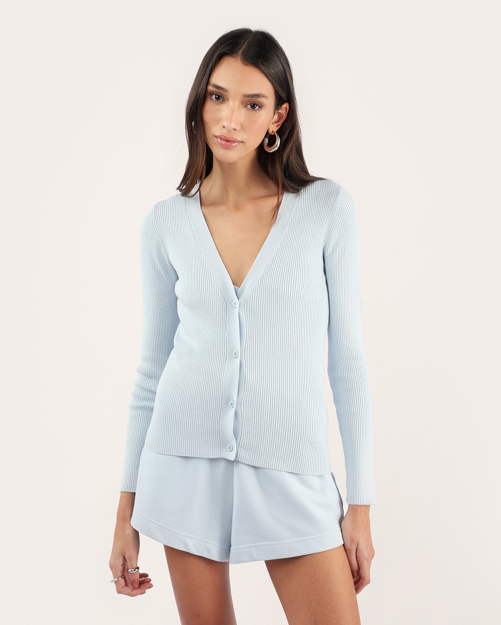 Cardigan feminino com botões canelado azul | Basics 