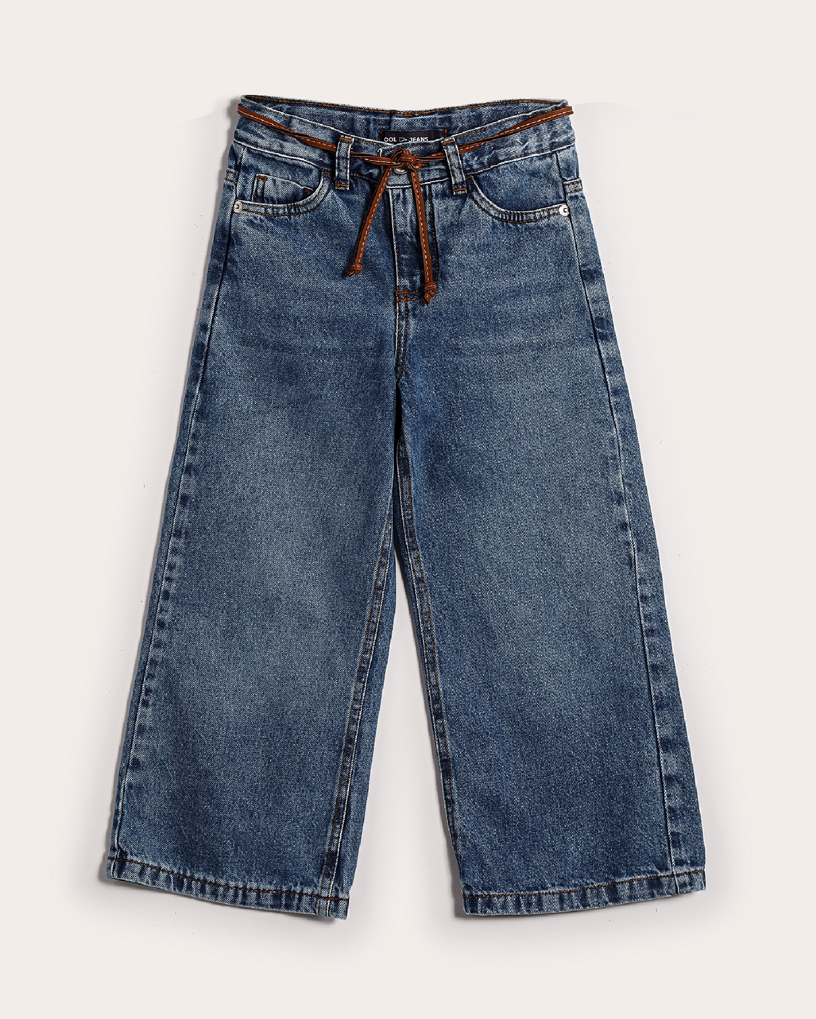 Calça jeans infantil wide leg com amarração e puídos 4-10A denim claro | Pool Kids