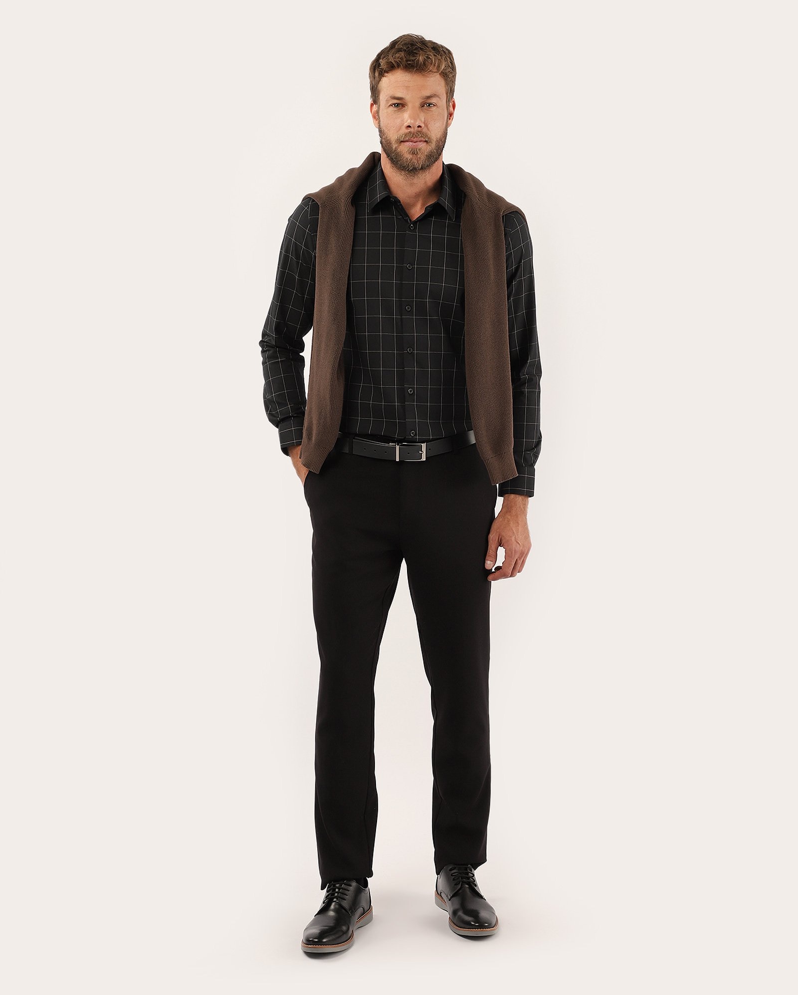 Camisa social masculina slim quadriculada preta