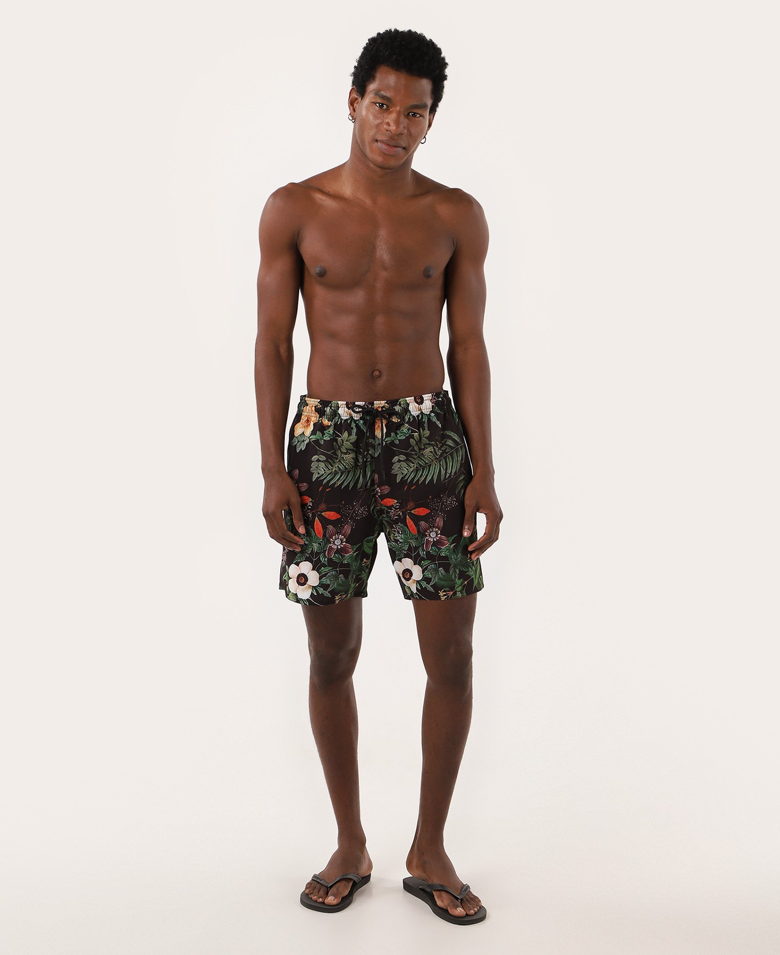 Short água masculino cós elástico com amarração floral preto | Pool