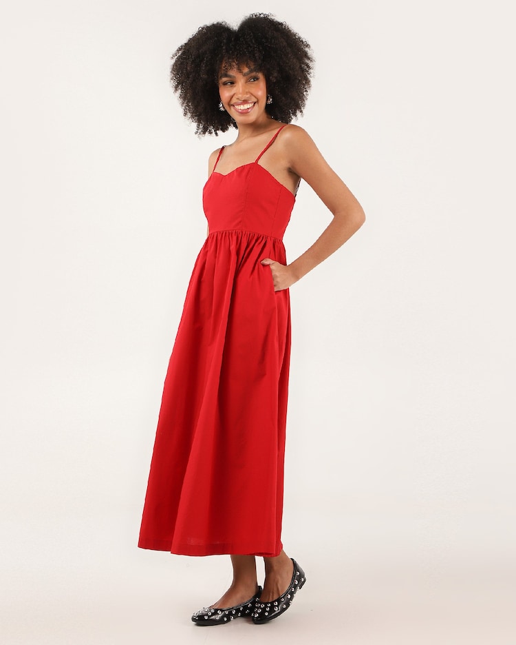 Riachuelo Vestido midi godê Lequinha com bolso Vermelho