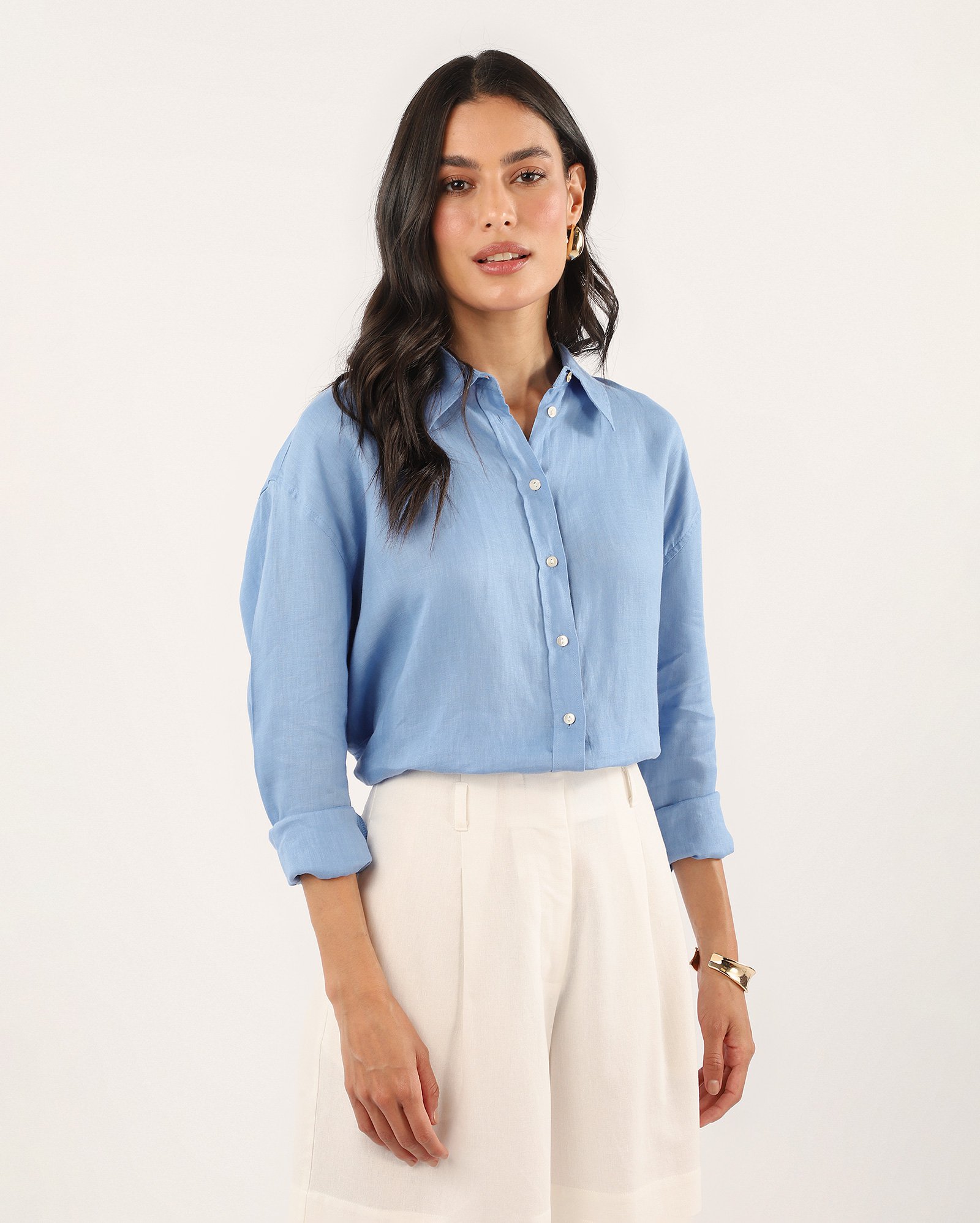 Camisa feminina 100% em linho com bolso - Azul Mescla