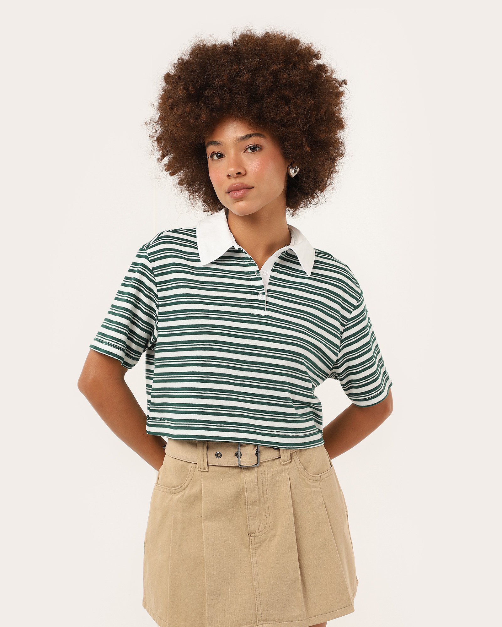 Camisa polo cropped manga curta listrada verde | Pool