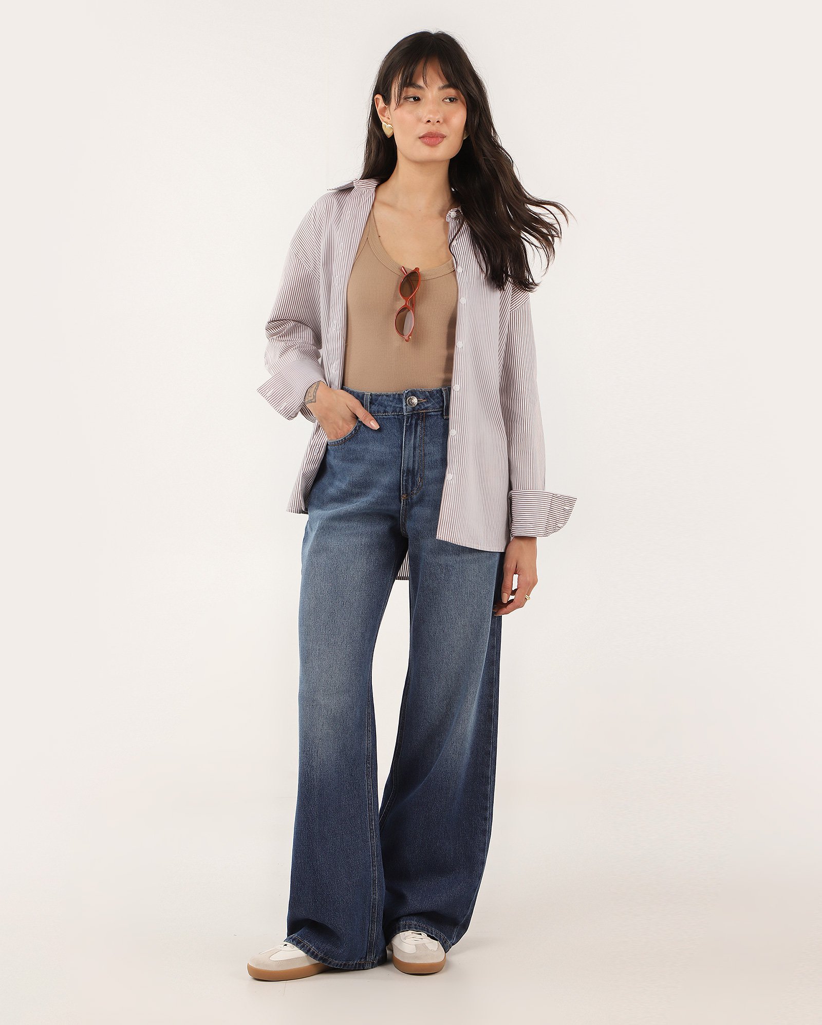 Calça jeans feminina wide leg estonada cintura alta denim escuro | Pool Jeans