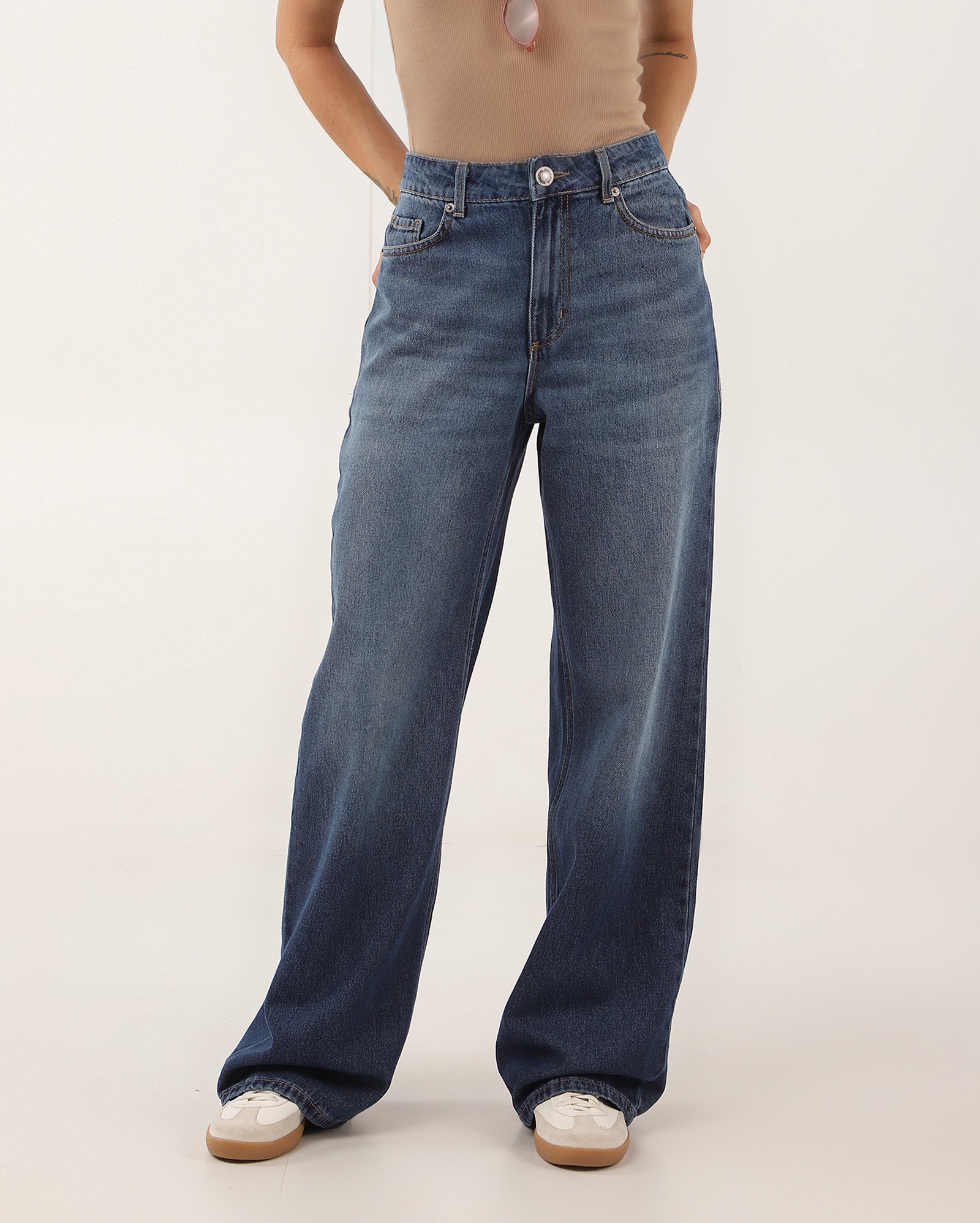 Calça jeans feminina wide leg estonada cintura alta denim escuro | Pool Jeans