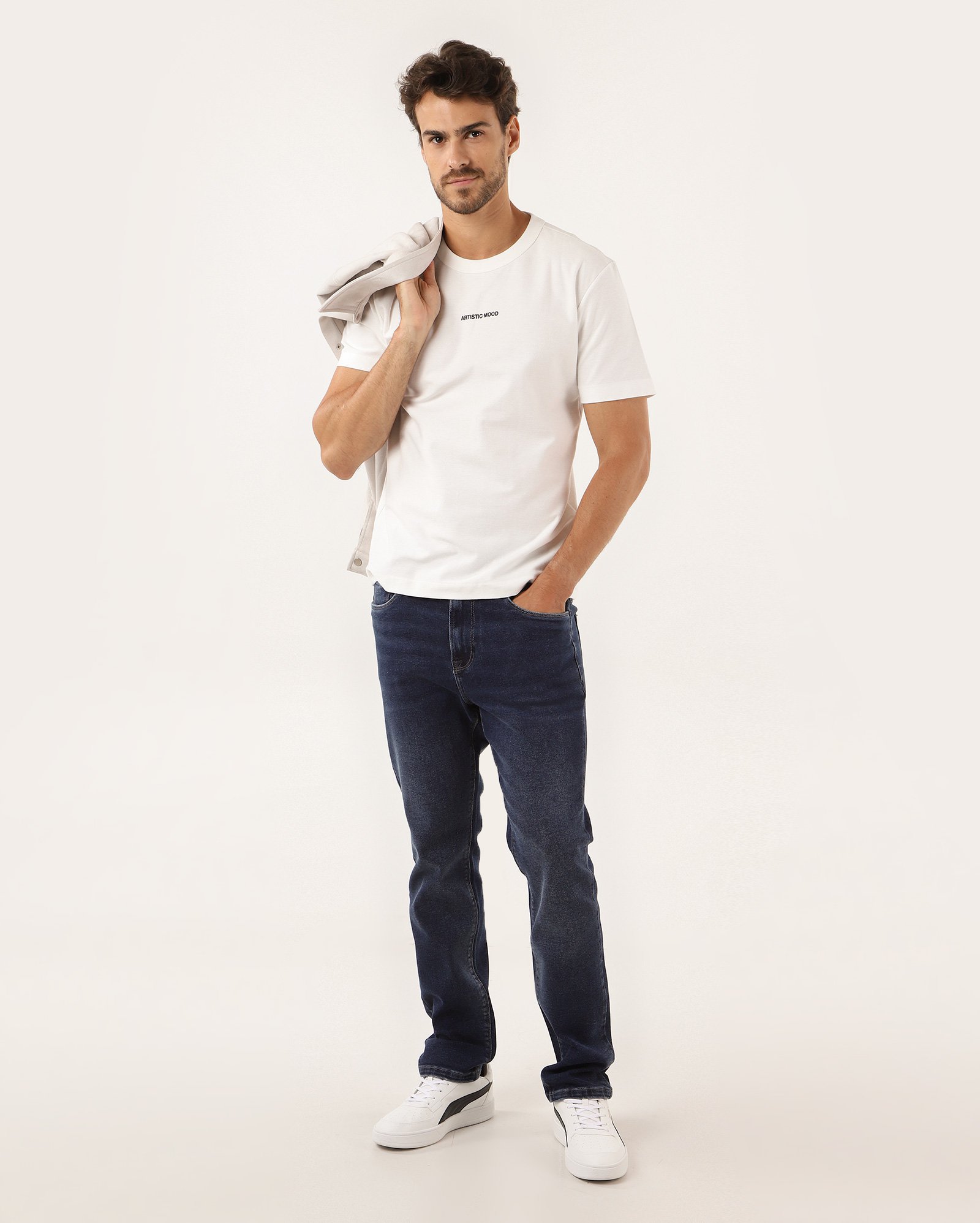 Calça jeans masculina slim básica cinco bolsos denim escuro | Pool Jeans