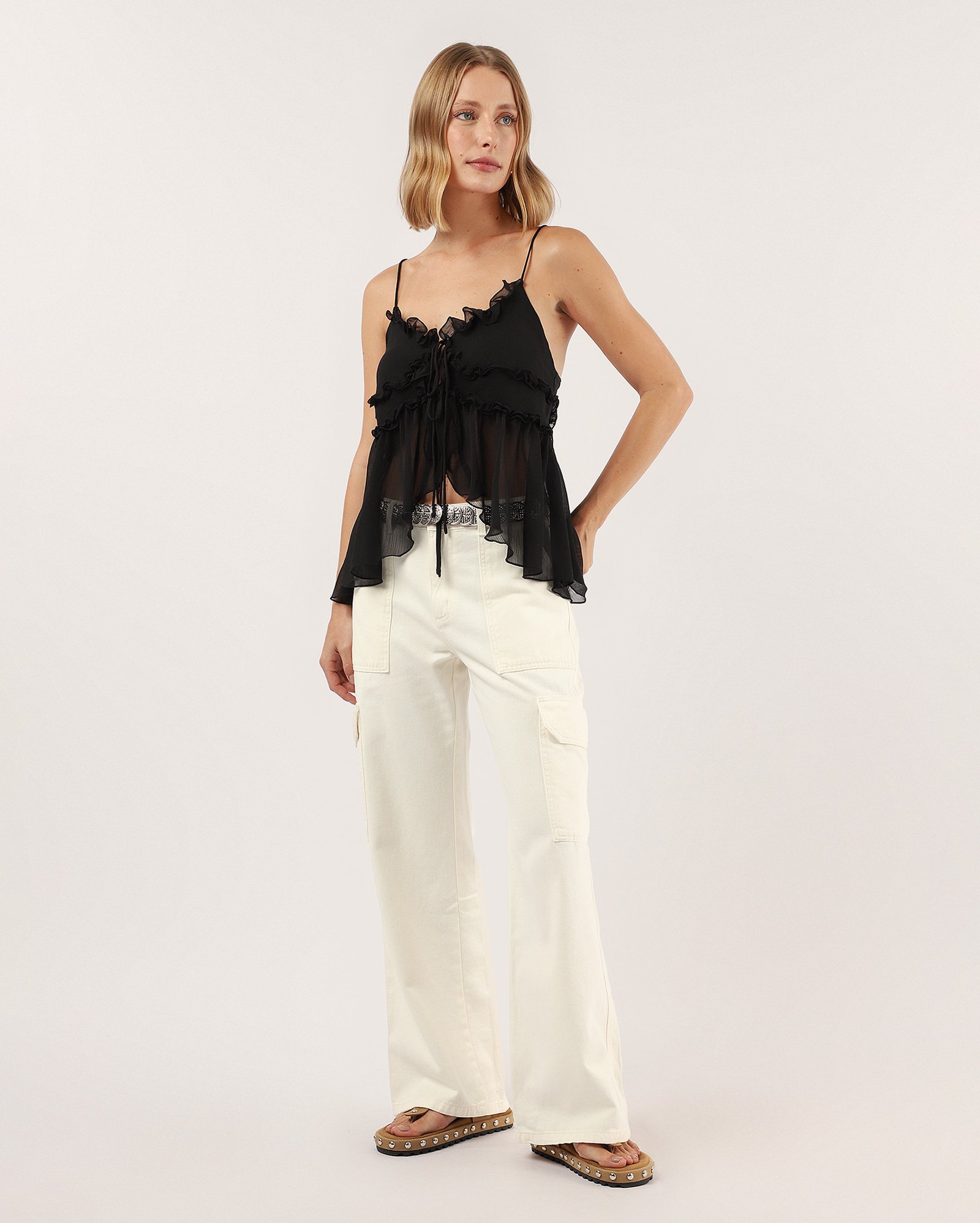 Calça sarja feminina wide leg bolso cargo - branca | Pool Jeans
